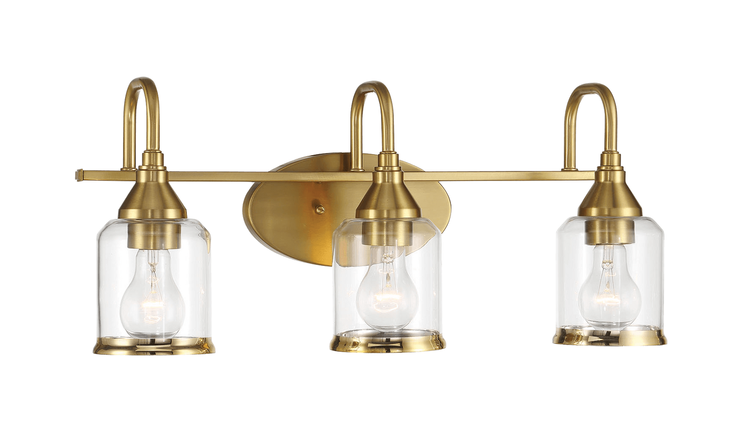 Brass vanity light with three clear glass shades and visible Edison bulbs