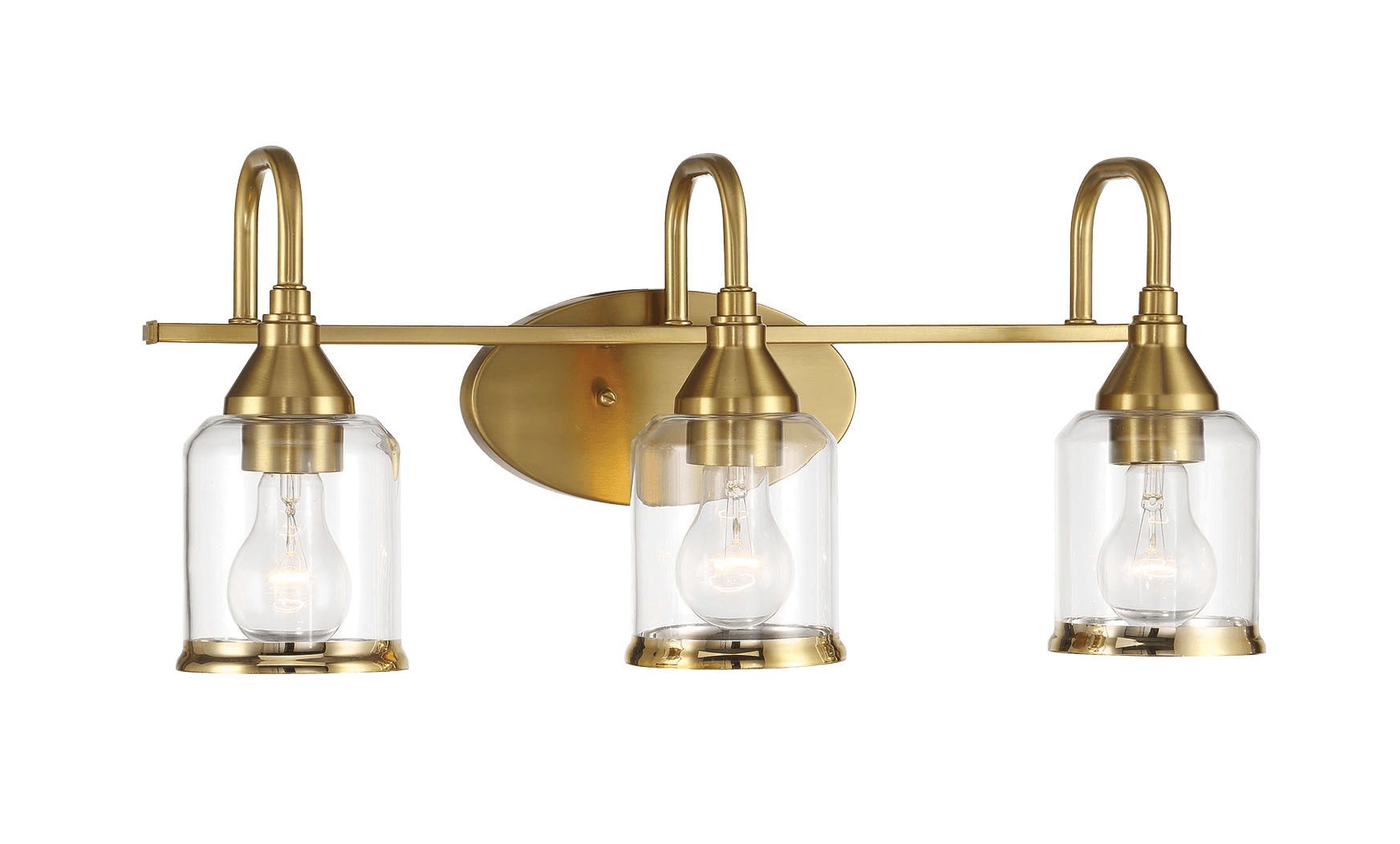 Brass vanity light with three clear glass shades and visible Edison bulbs