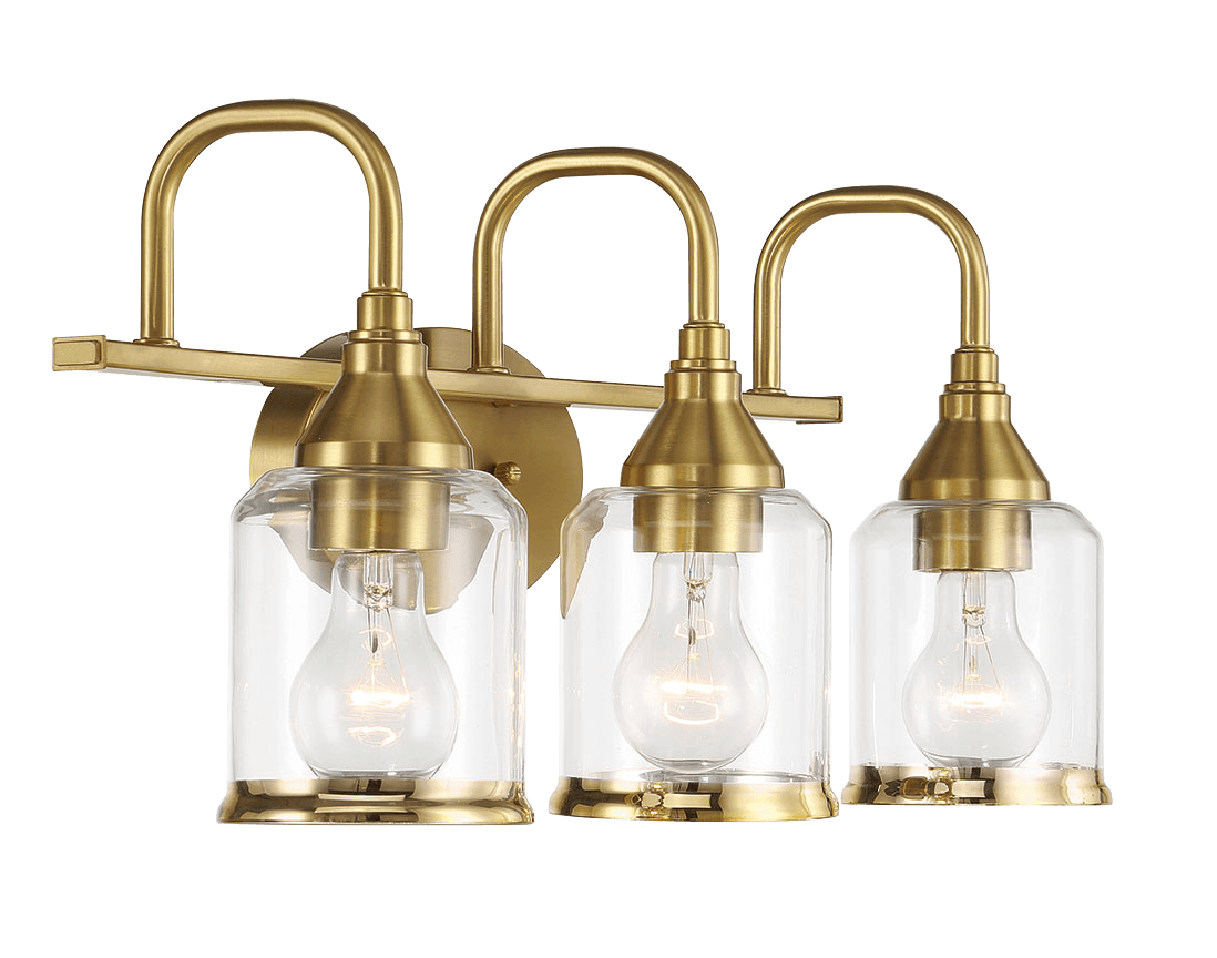 Brushed brass vanity light with clear glass shades and exposed bulbs