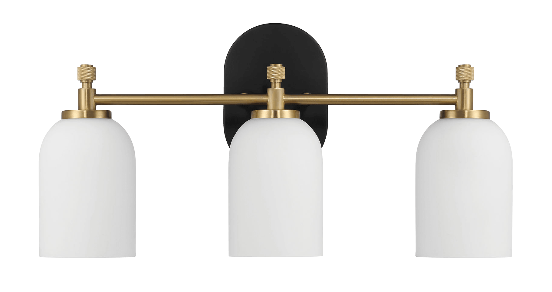 Modern brass vanity light with three white globe shades ideal for bathrooms