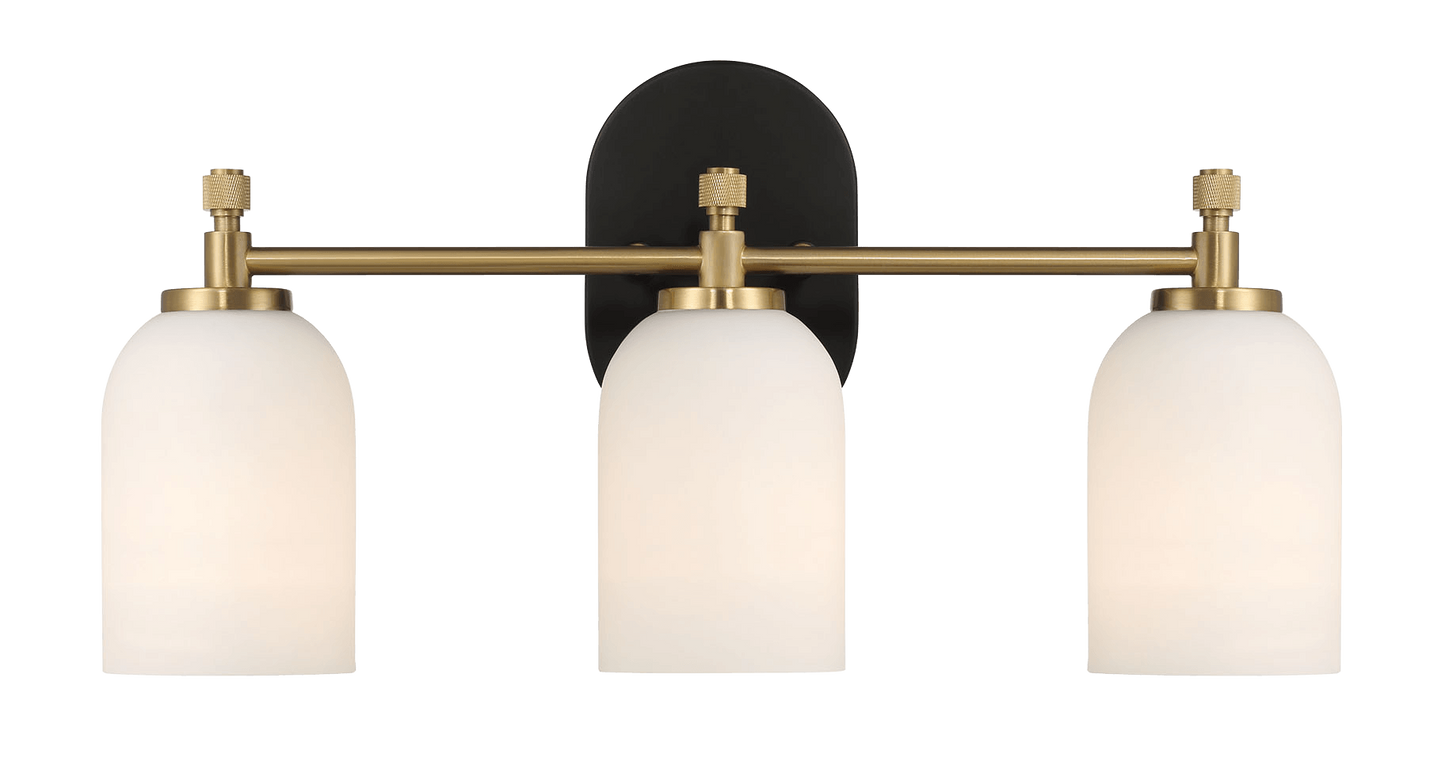 Modern brushed brass bath vanity light with three frosted glass shades