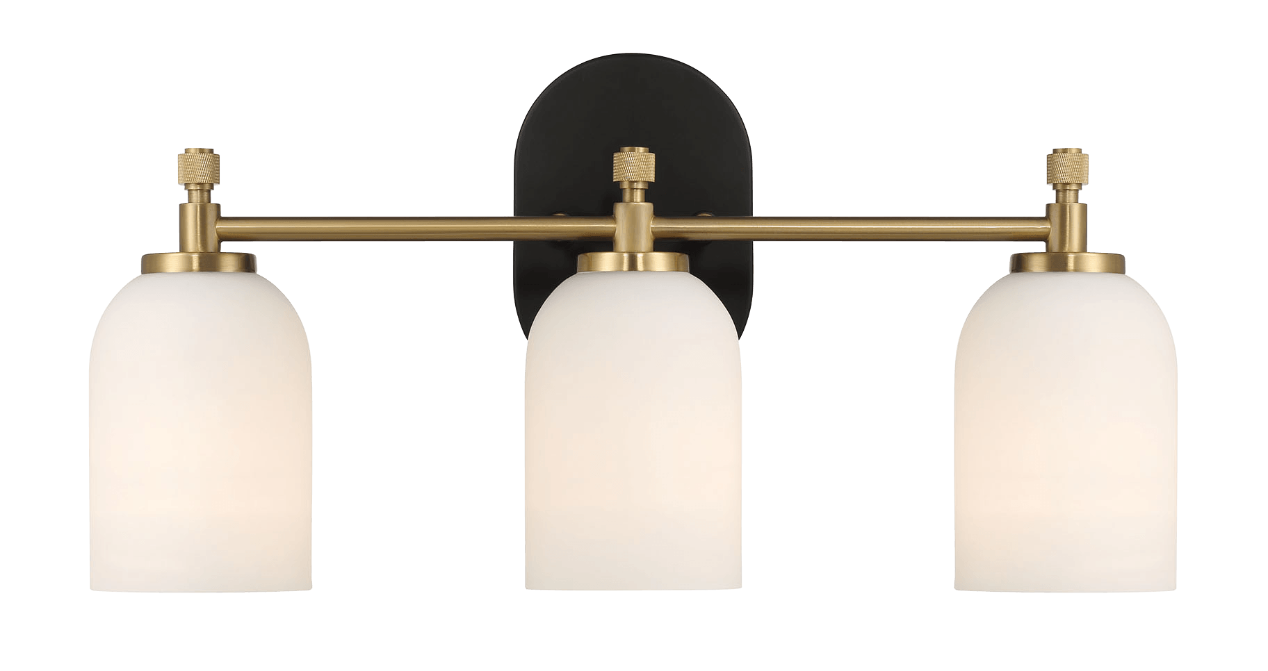 Modern brushed brass bath vanity light with three frosted glass shades