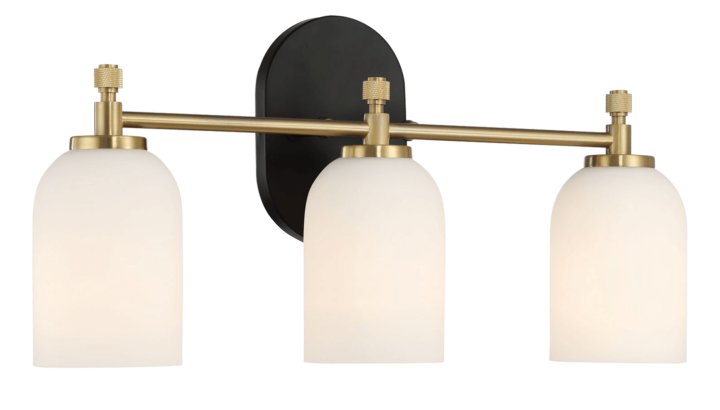 Modern threelight bath vanity fixture with white opal glass shades and brass accents