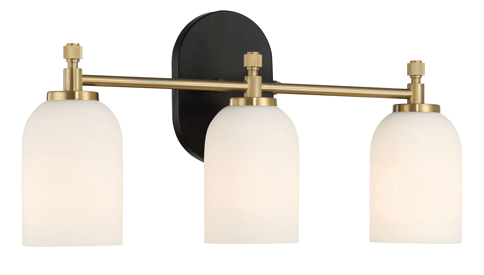 Modern threelight bath vanity fixture with white opal glass shades and brass accents