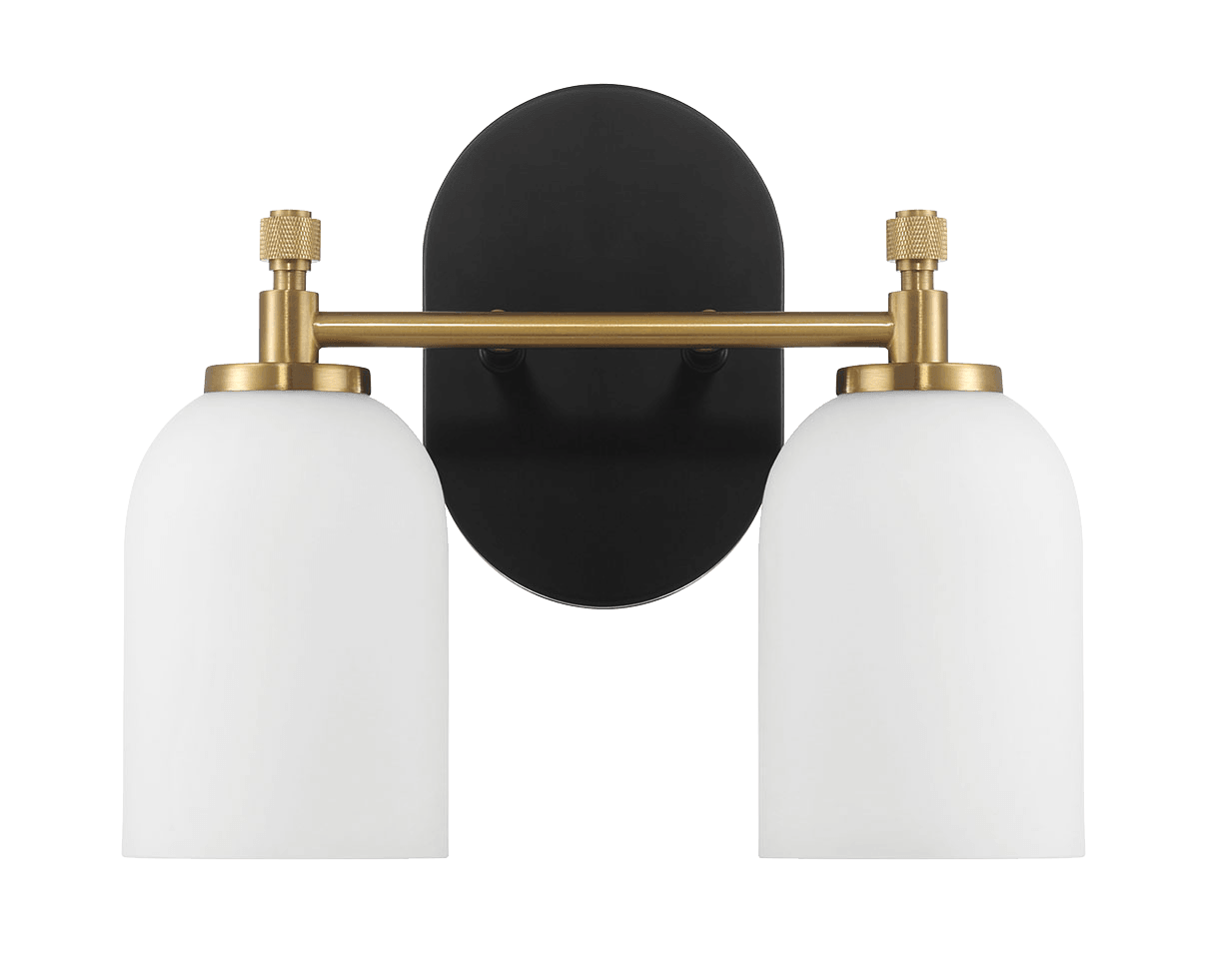 Modern brass and black double sconce with white glass shades for ambient lighting