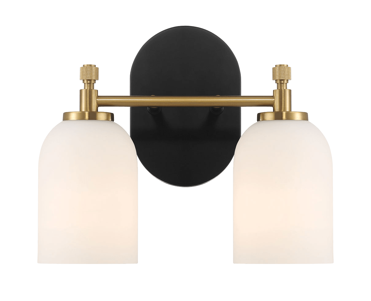 Modern brass and black double sconce with white glass shades