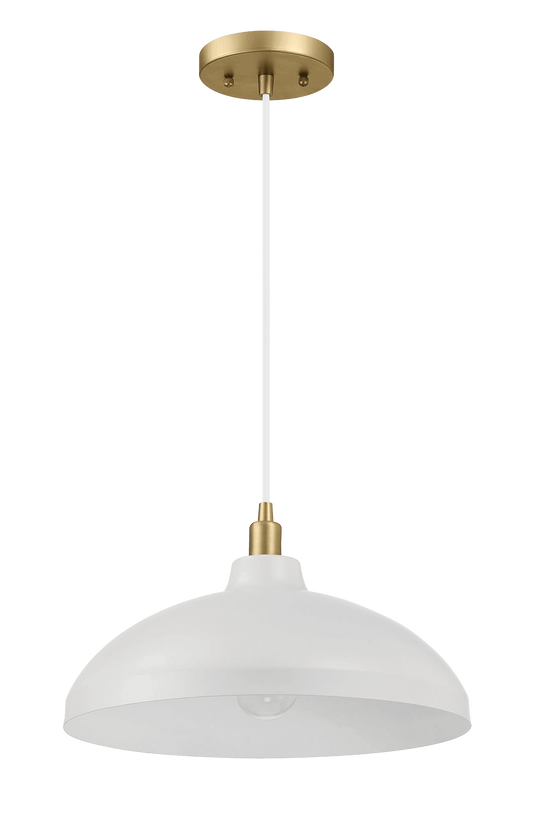 White dome pendant light with brushed brass accents ideal for kitchen island lighting