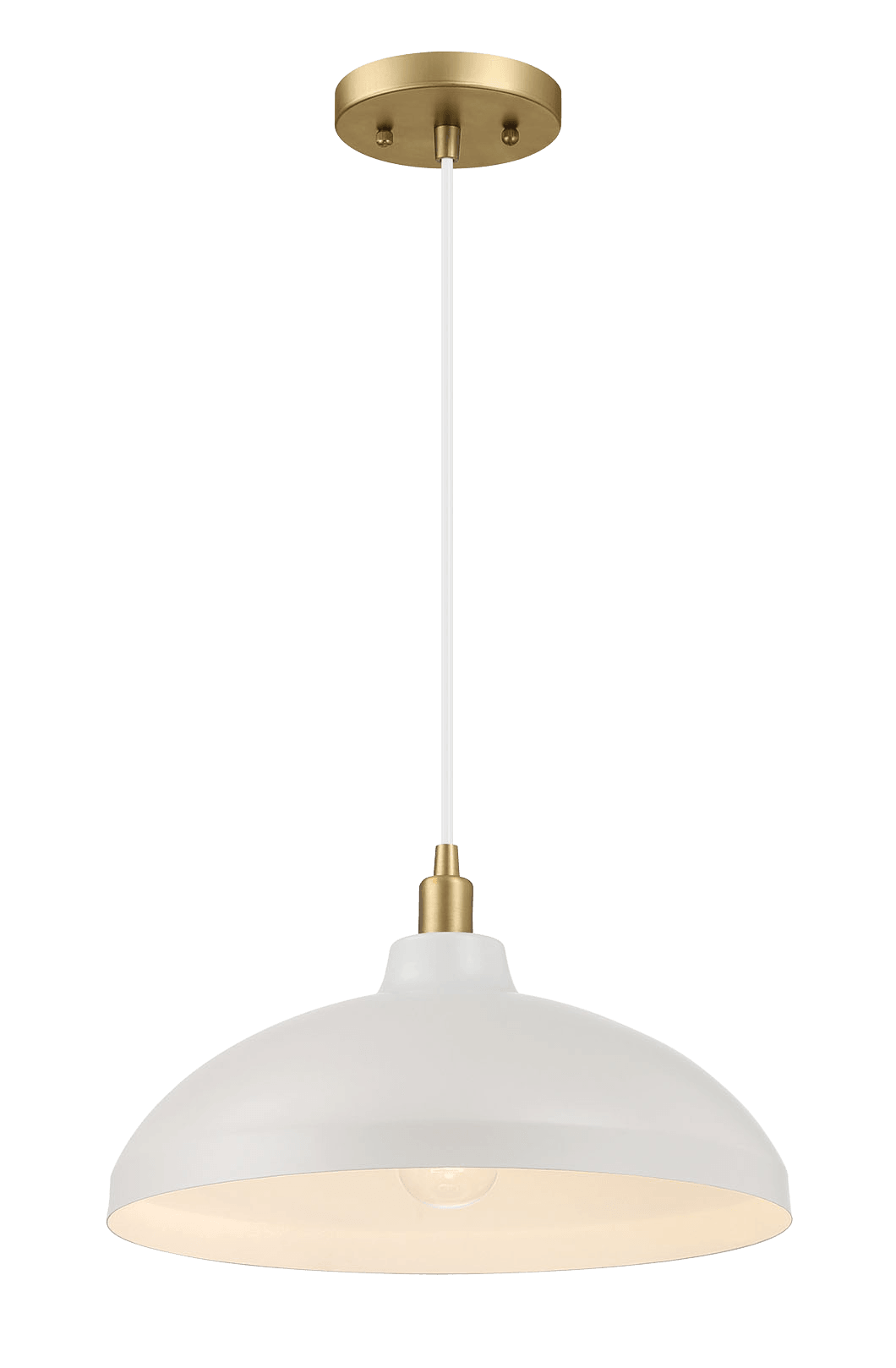 Modern white farmhouse pendant light with brass accents perfect for kitchen island lighting