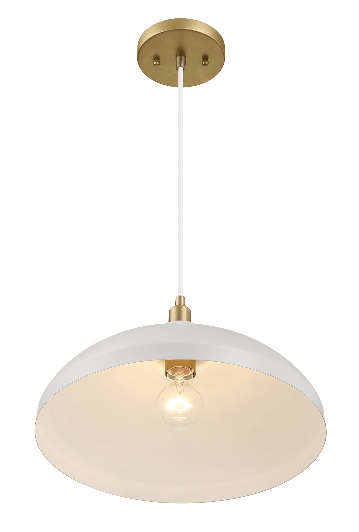 White bowl pendant light with brass accents and visible Edison bulb