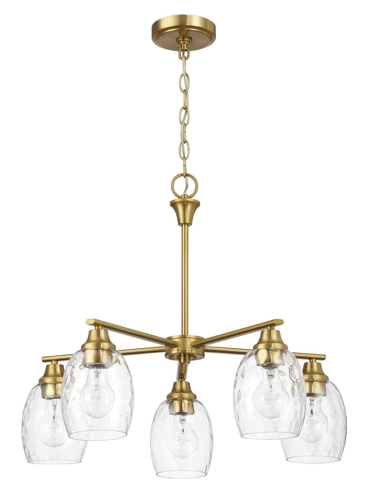 Brass chandelier with five clear textured glass shades providing elegant overhead lighting
