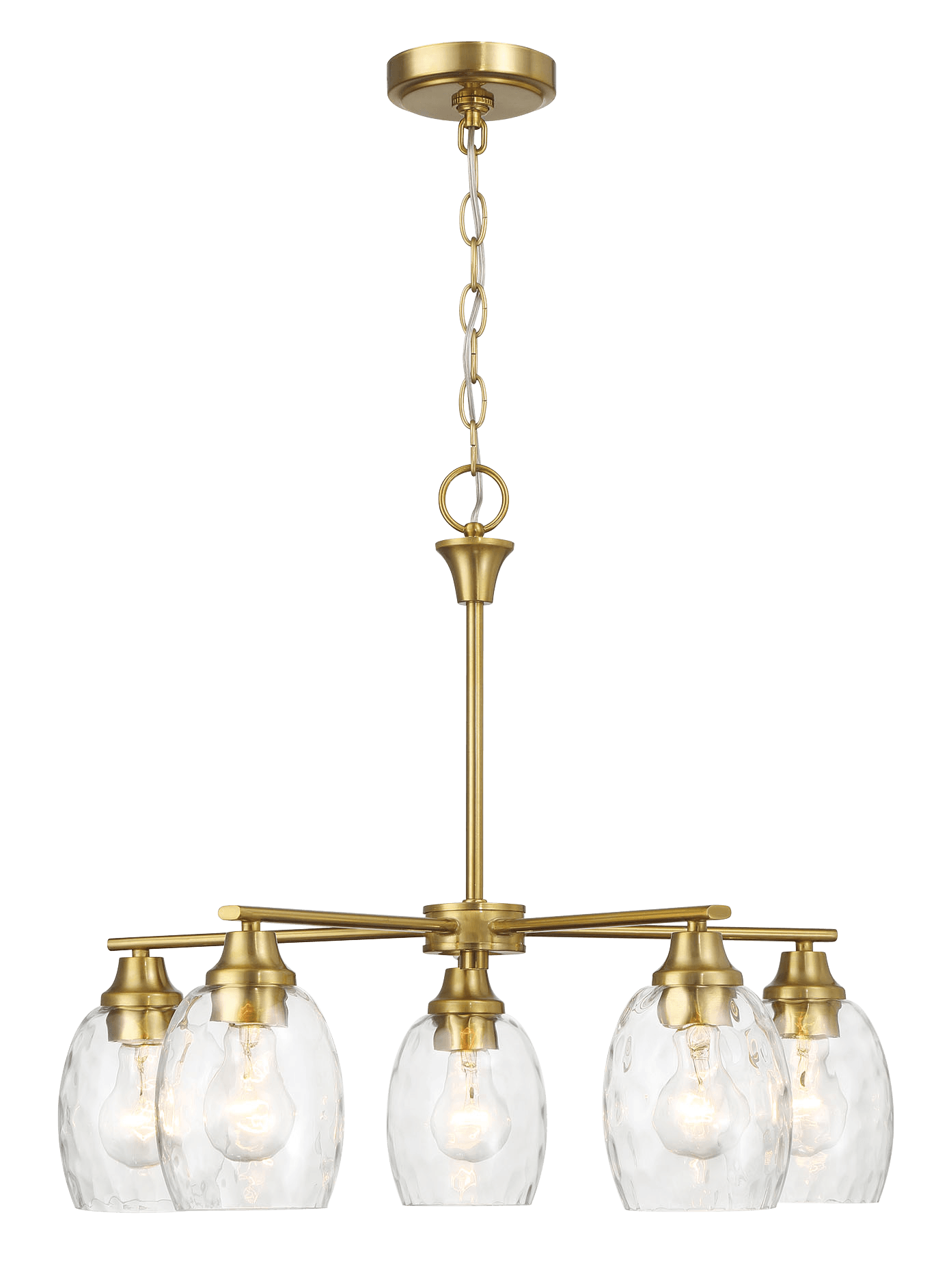 Brass chandelier with five clear seeded glass globes ideal for dining room lighting