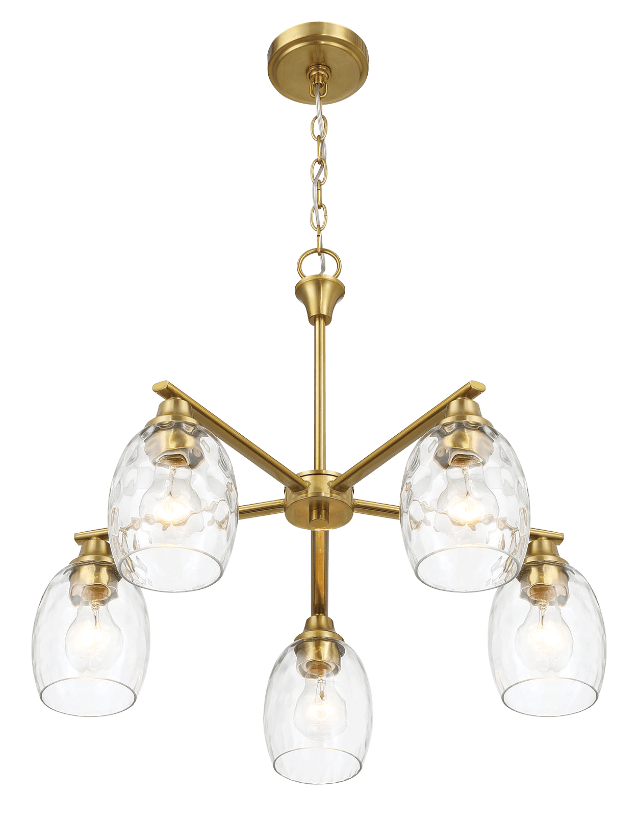 Brass fivelight chandelier with clear seeded glass shades ideal for dining rooms