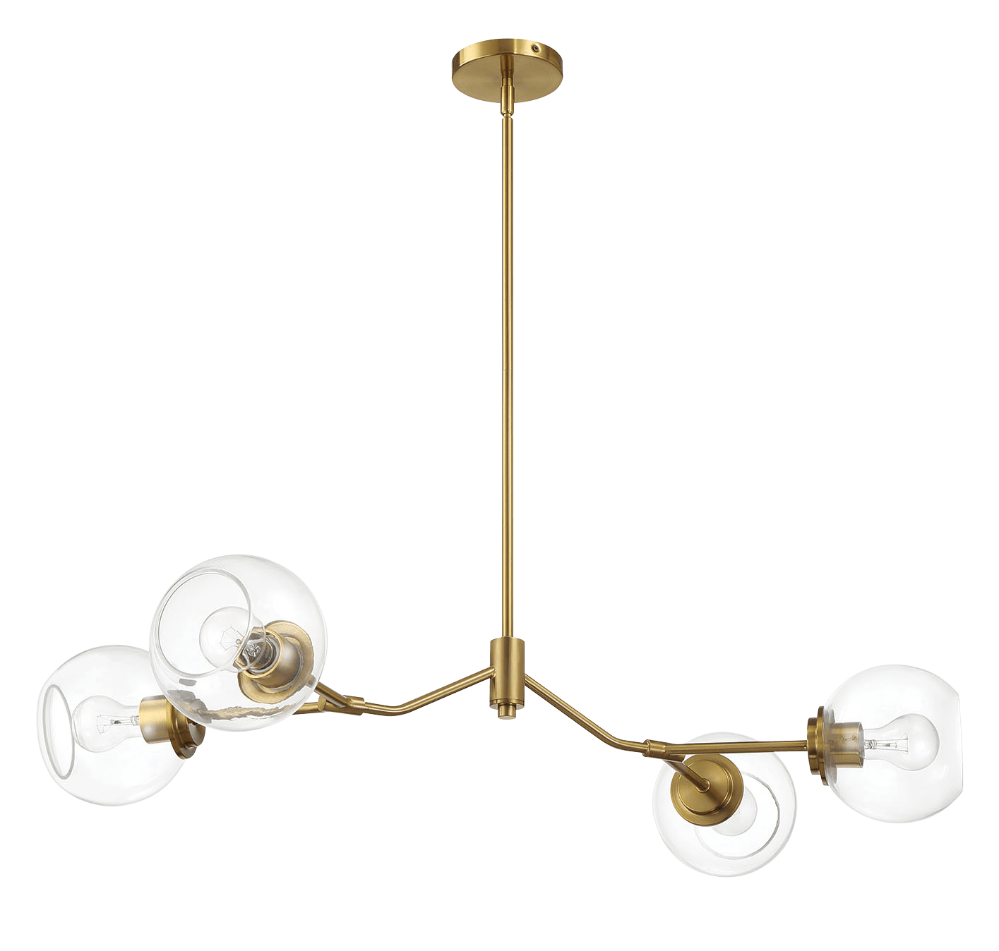 Modern brass chandelier with clear glass globes and exposed bulbs