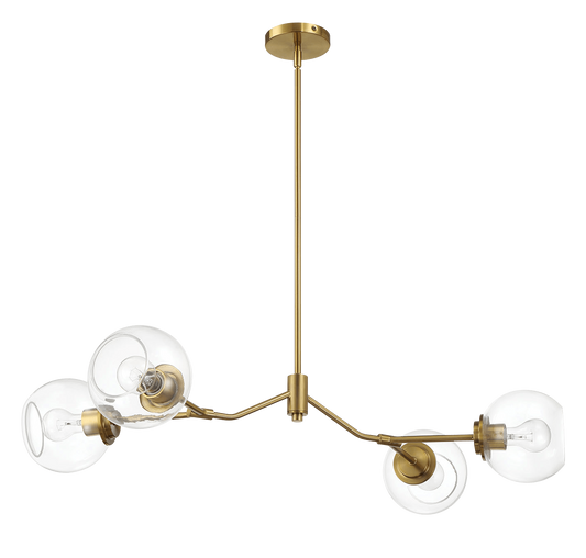 Modern brass chandelier with clear glass globes and exposed bulbs