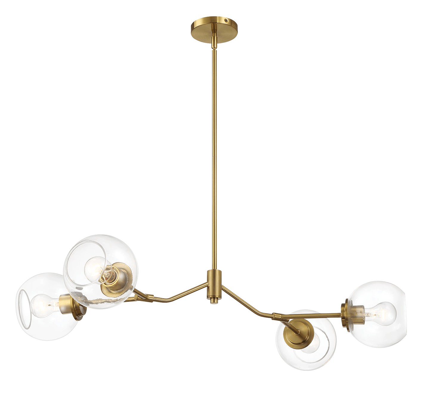 Modern brass chandelier with four clear glass globes and exposed bulbs ideal for dining rooms