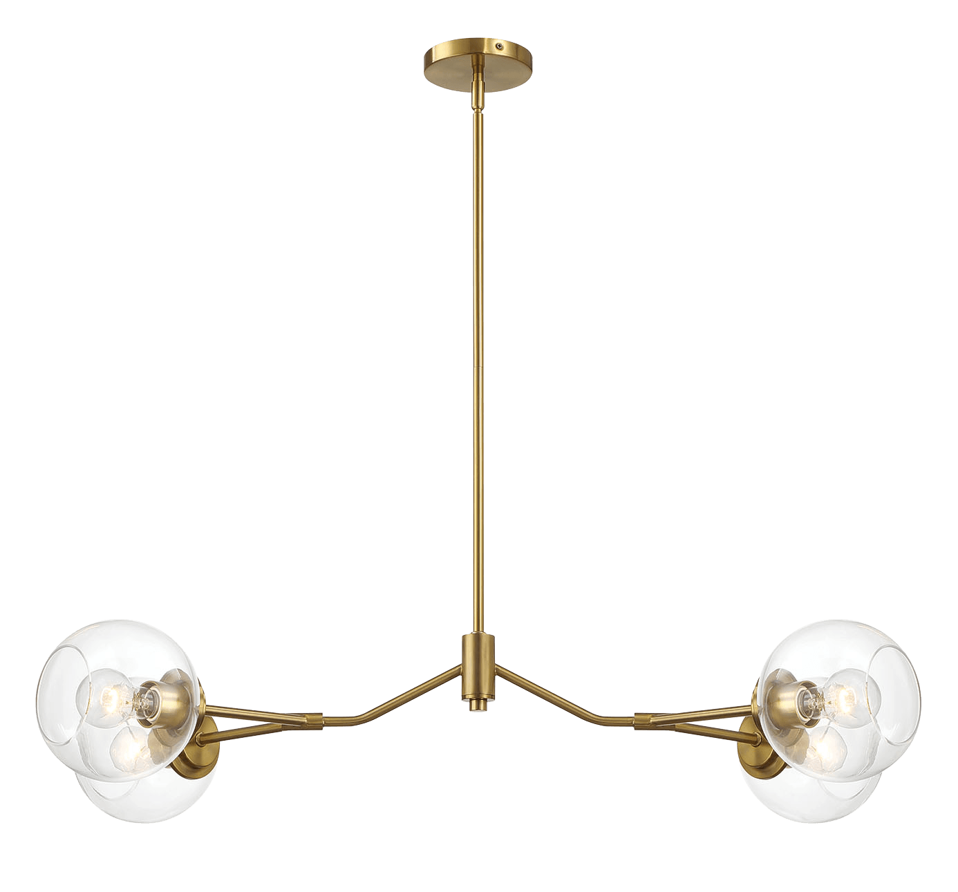 Modern brass chandelier with four clear glass globe shades and exposed bulbs