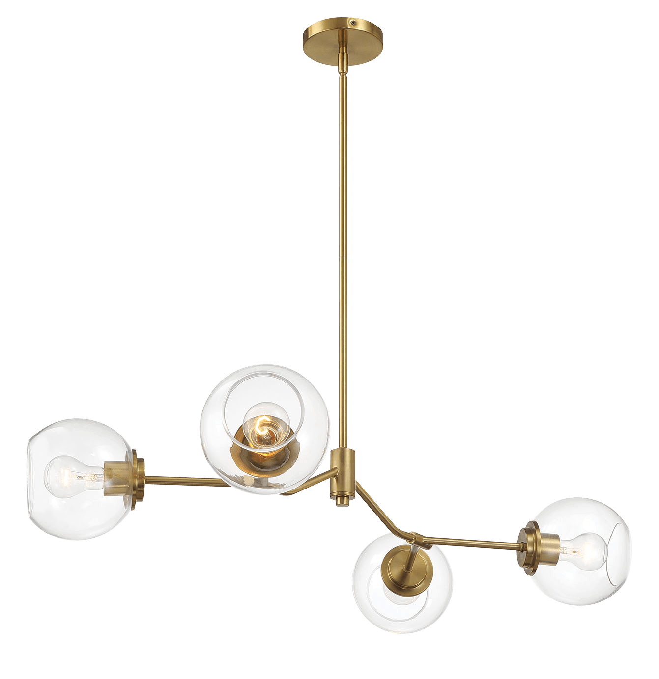Modern brass chandelier with four clear glass globe shades  characters
