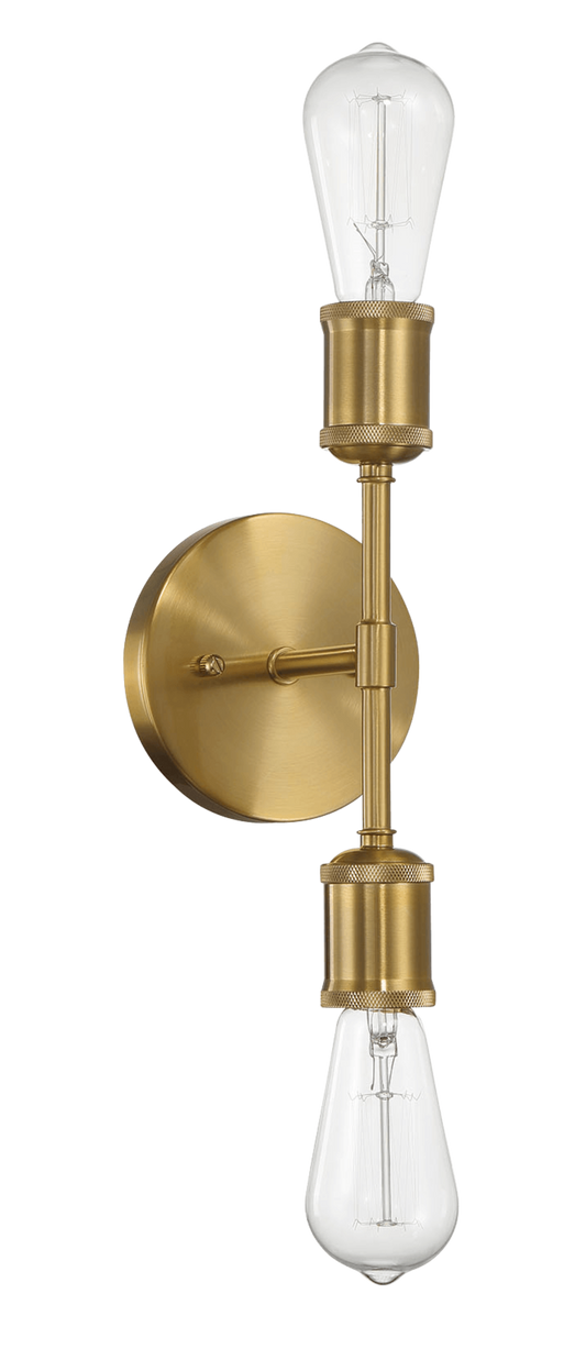 Brass doublelight industrial wall sconce with clear Edison bulbs