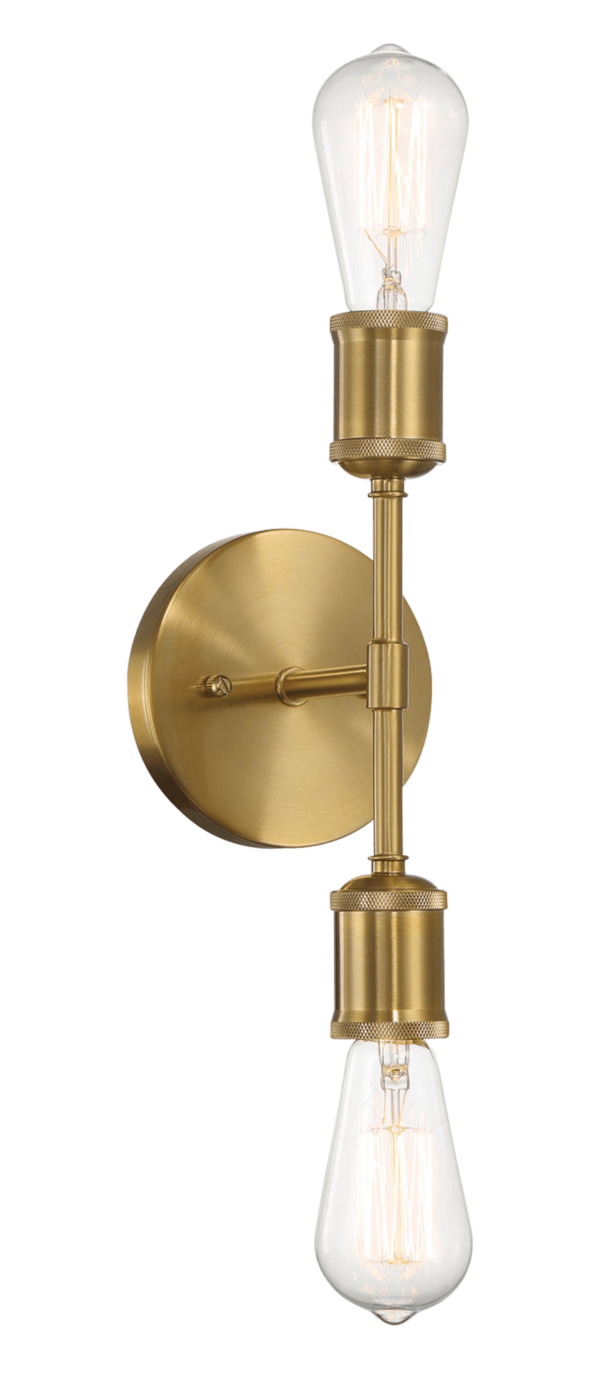 Brass industrial double wall sconce with Edison bulbs and knurled accents