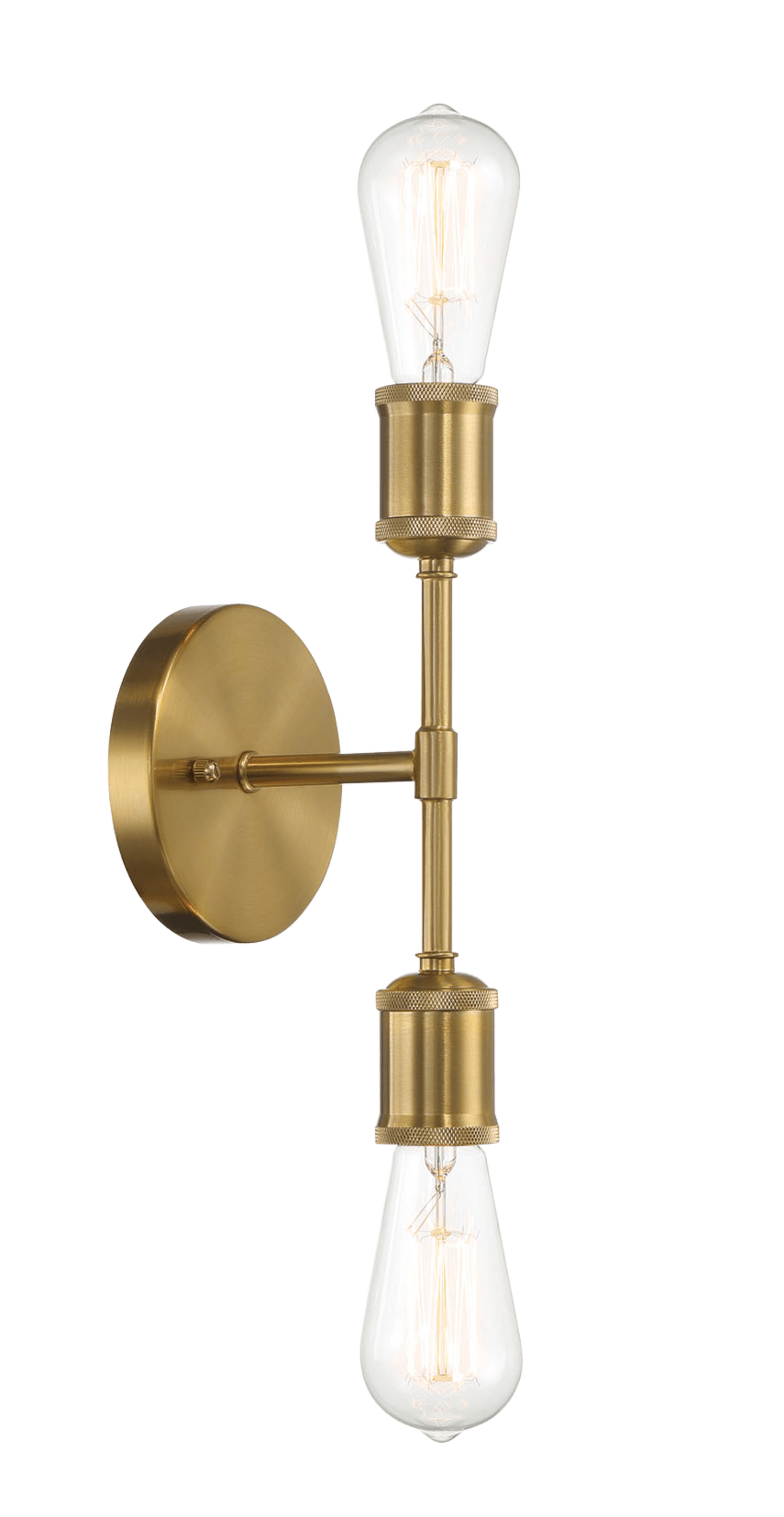 Modern brass double sconce with Edison bulbs and knurled accents