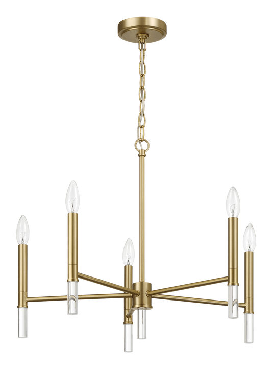 Modern brass chandelier with six candelabra bulbs and clear acrylic accents