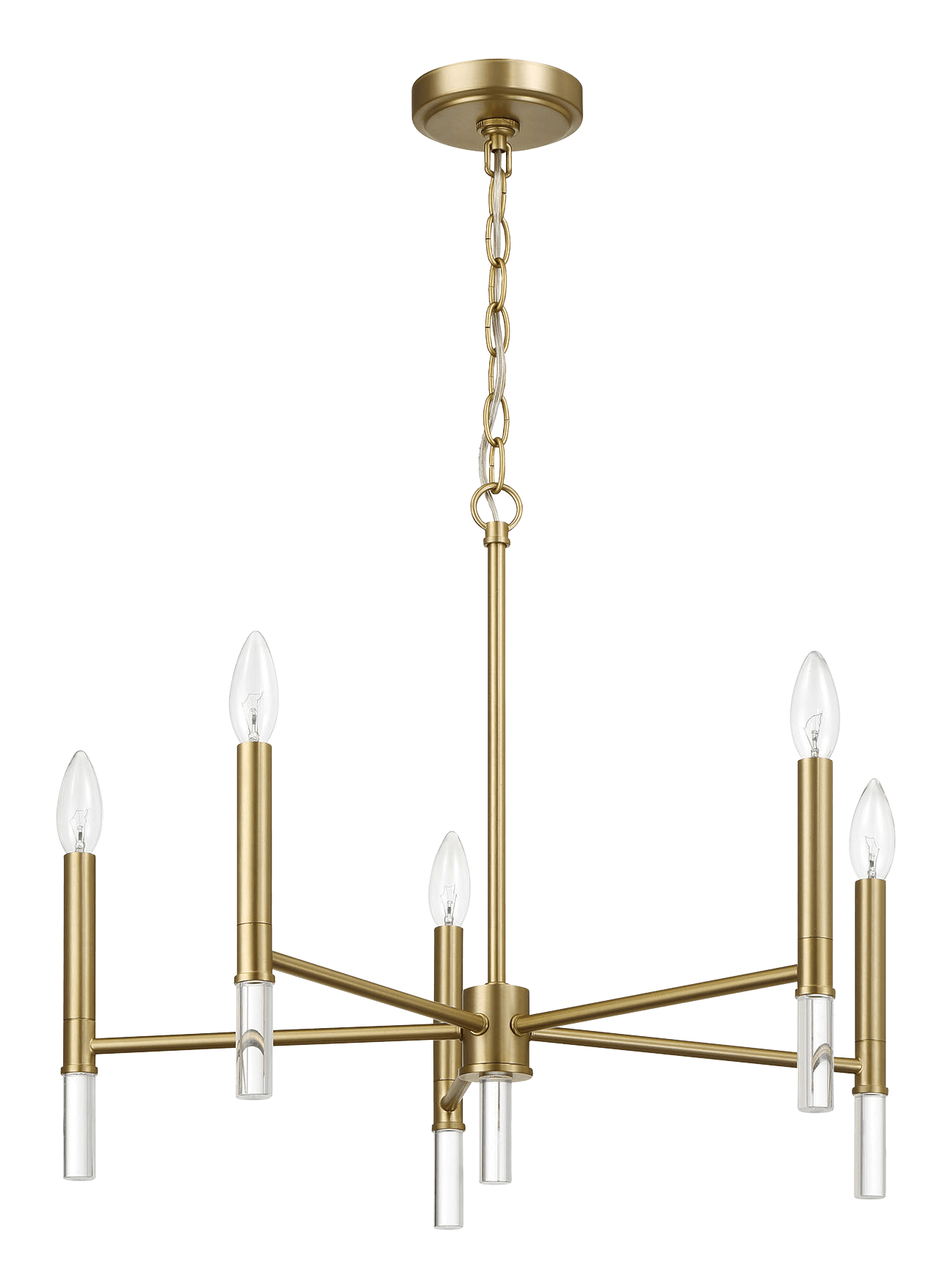 Modern brass chandelier with six candlestyle bulbs and clear acrylic accents