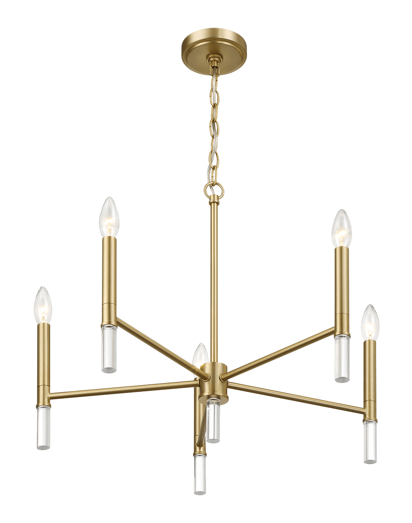 Modern brass chandelier with five candlestyle bulbs and clear glass accents