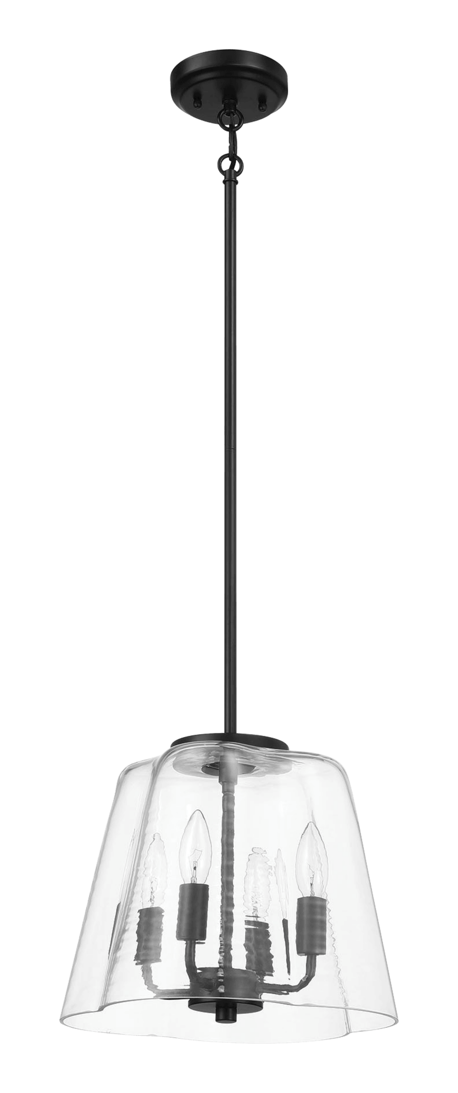 Black metal fourlight chandelier with clear hammered glass shade