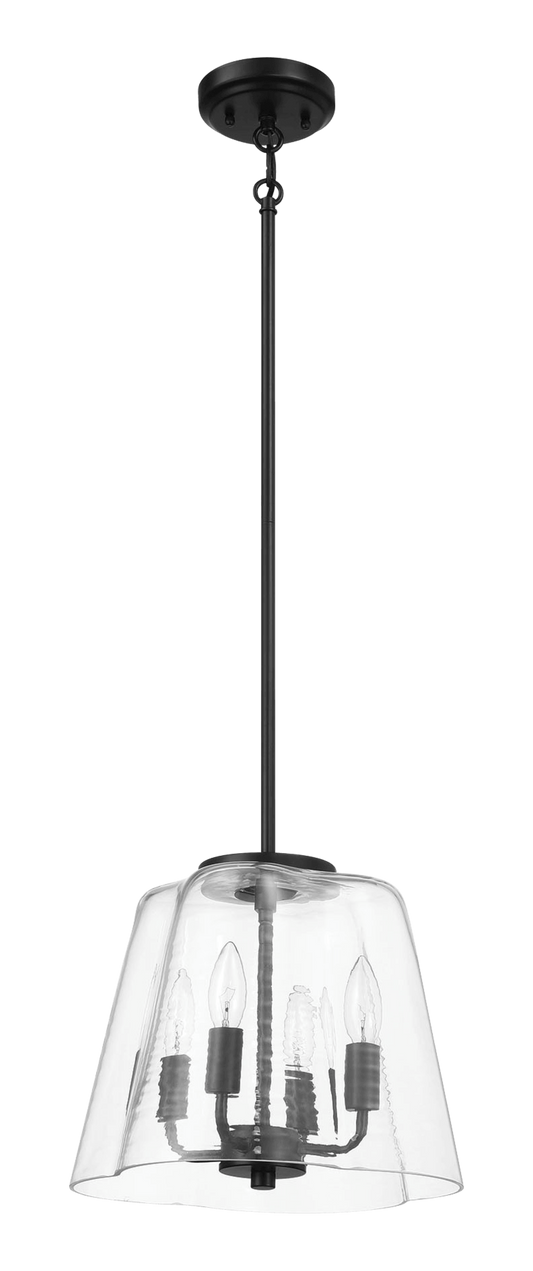 Black metal fourlight chandelier with clear hammered glass shade