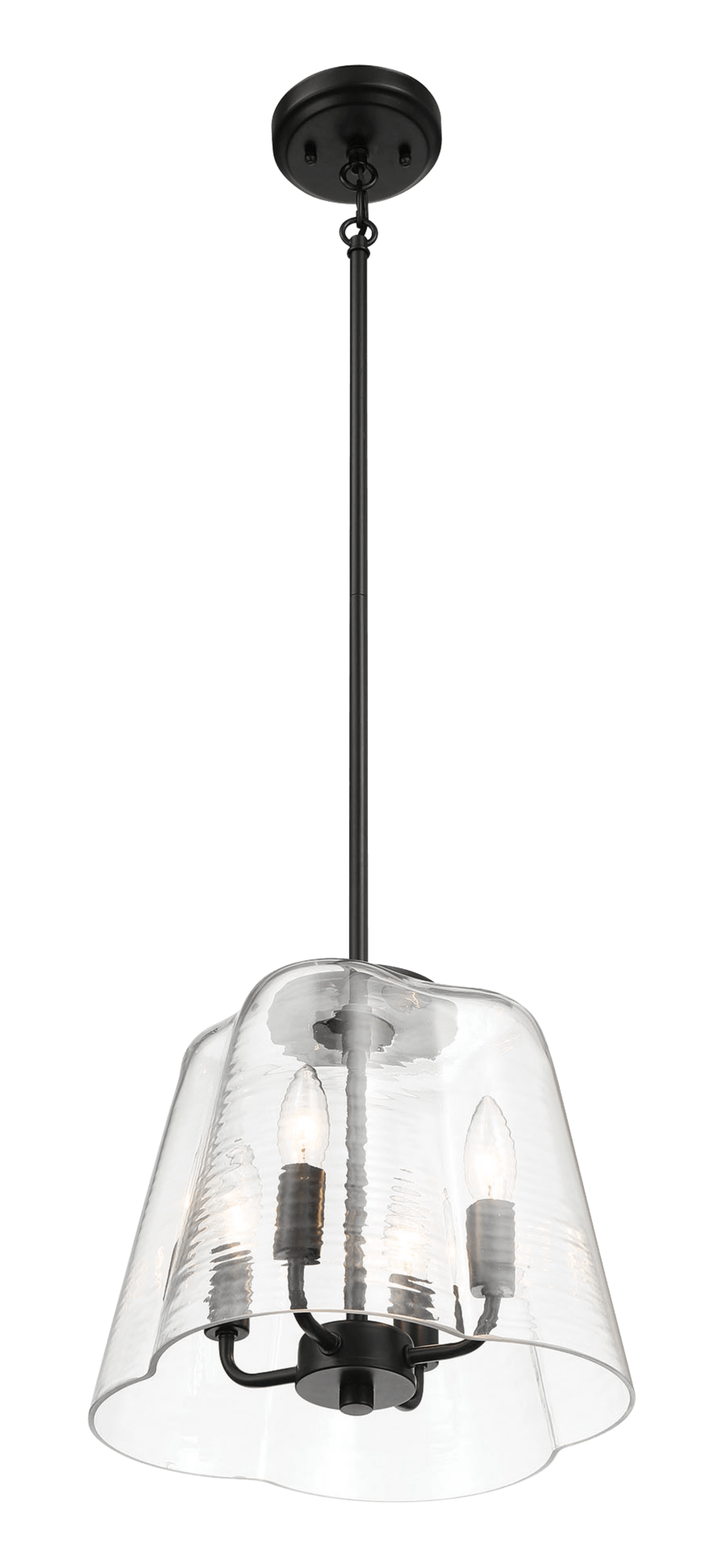 Black threelight pendant with a clear seeded glass shade