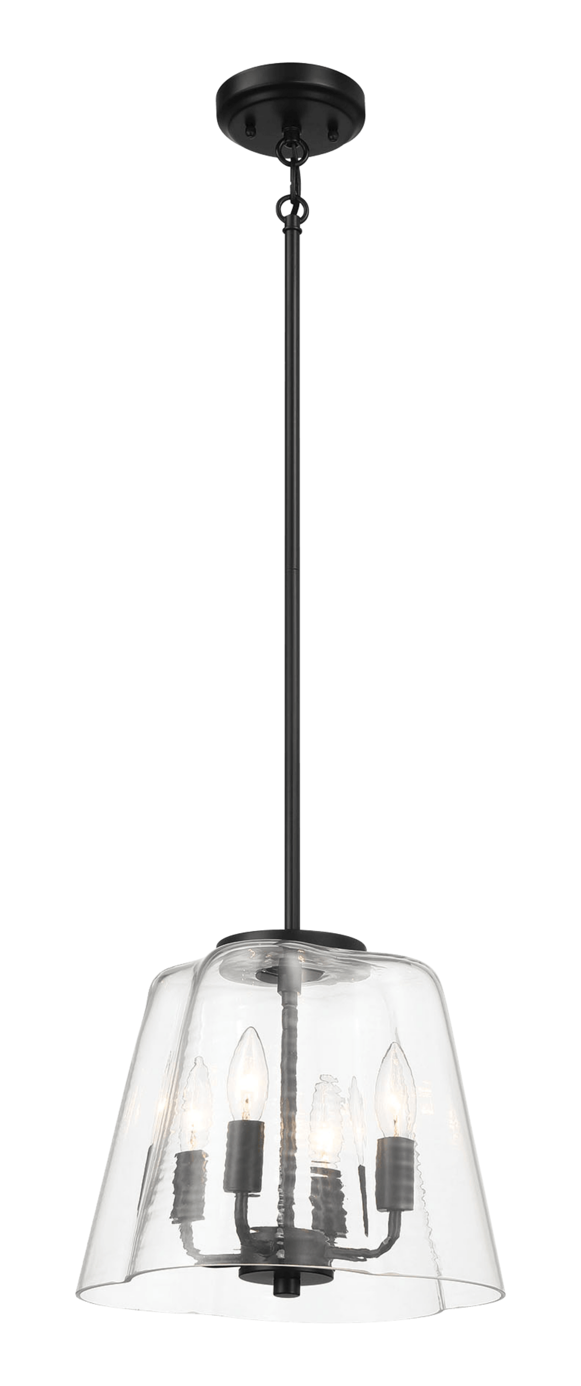 Black industrial pendant light with four bulbs and clear seeded glass shade