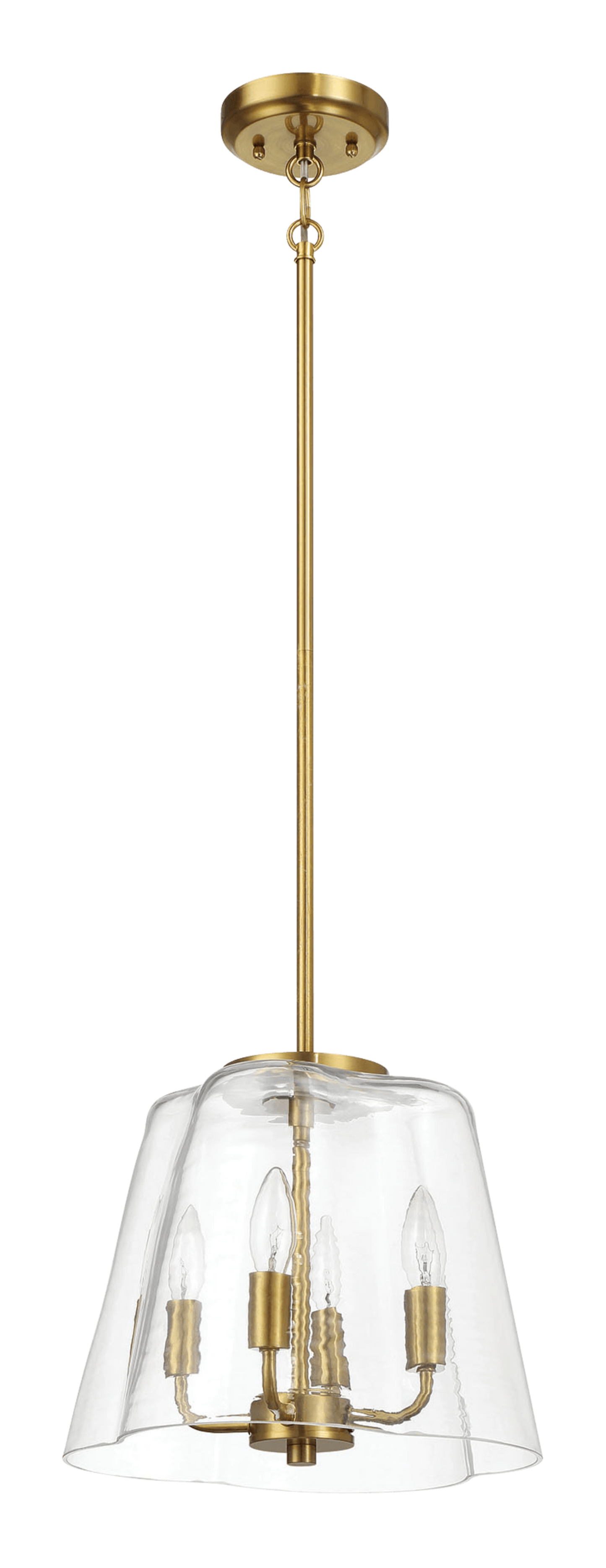 Modern brass pendant light with clear glass shade and three exposed bulbs