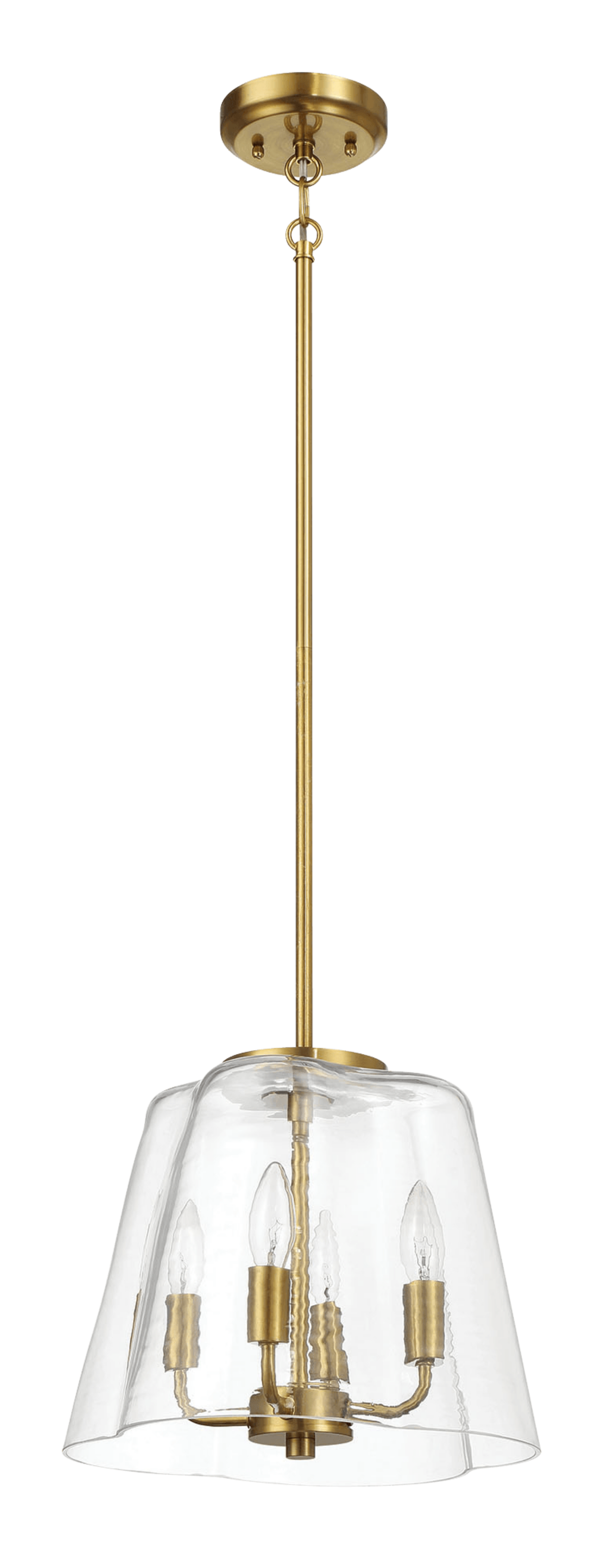 Modern brass pendant light with clear glass shade and three exposed bulbs
