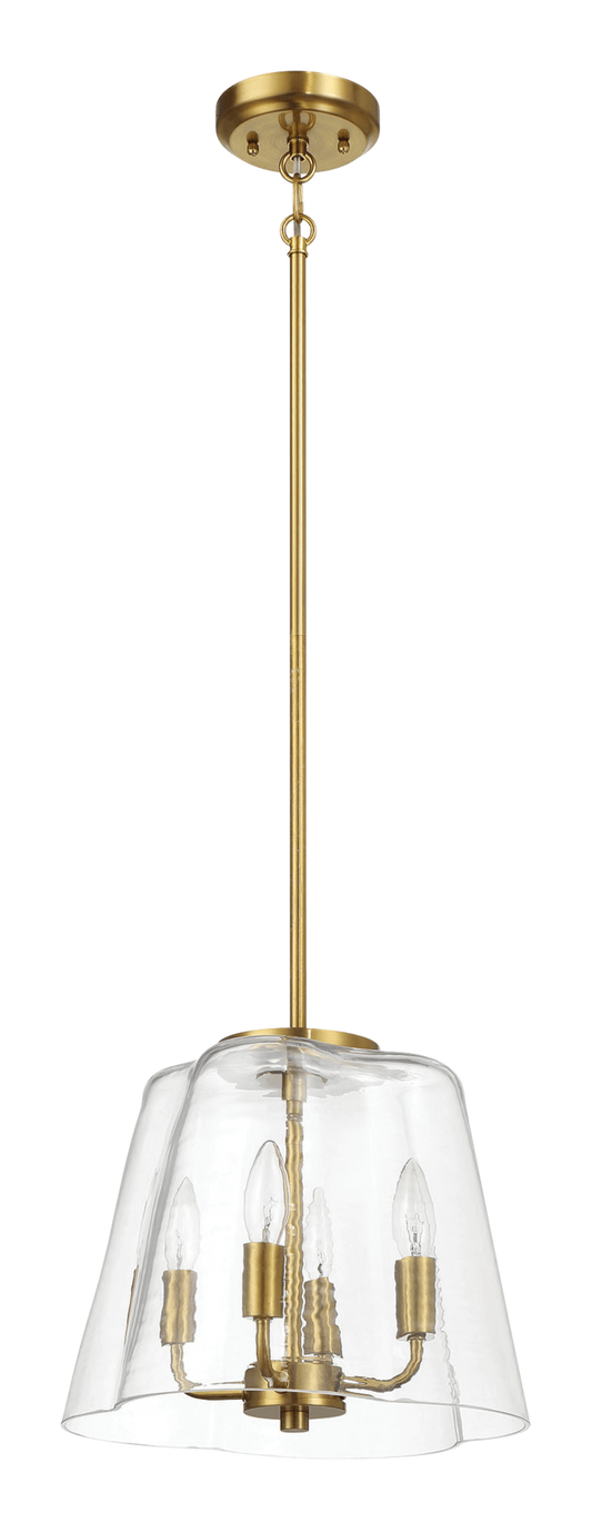 Modern brass pendant light with clear glass shade and three exposed bulbs