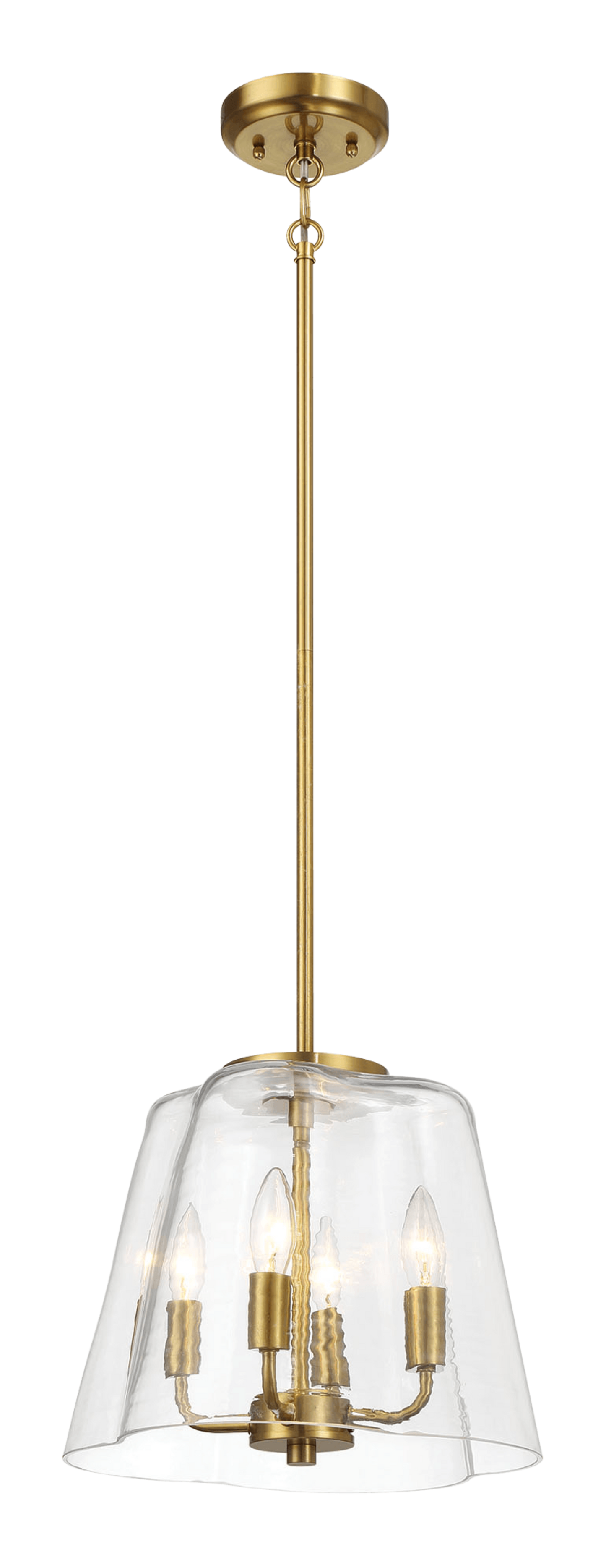 Brass pendant light with clear glass shade and four candelabra bulbs