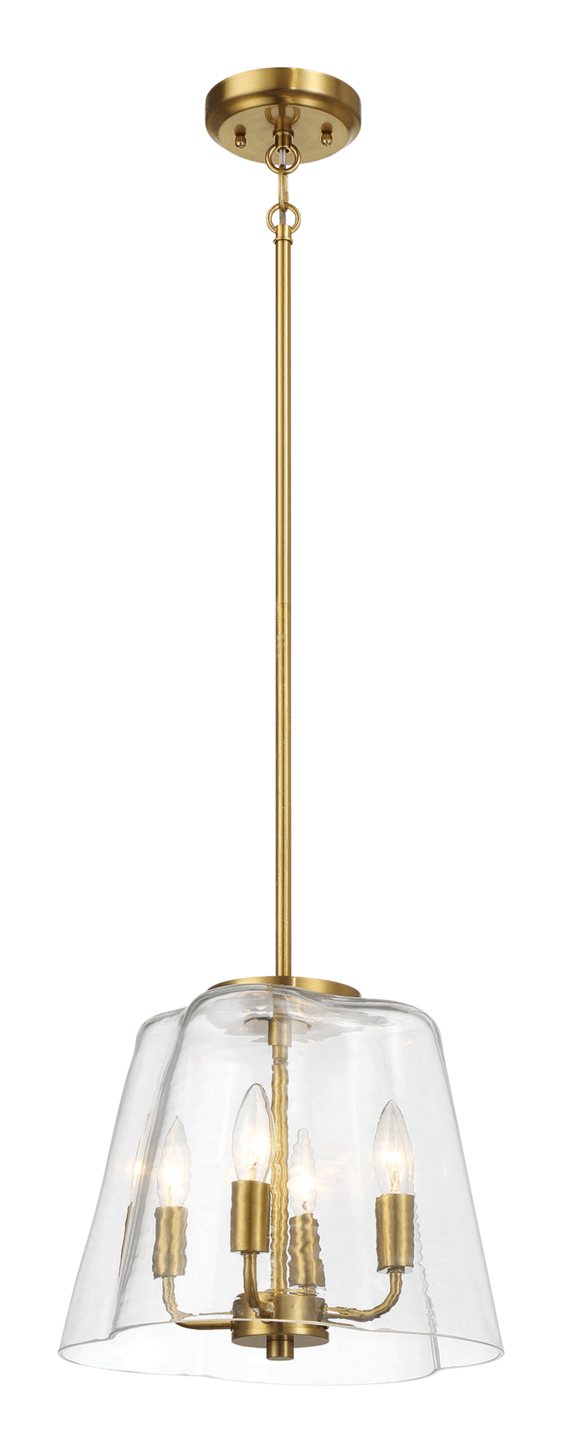 Brass pendant light with clear glass shade and four candelabra bulbs