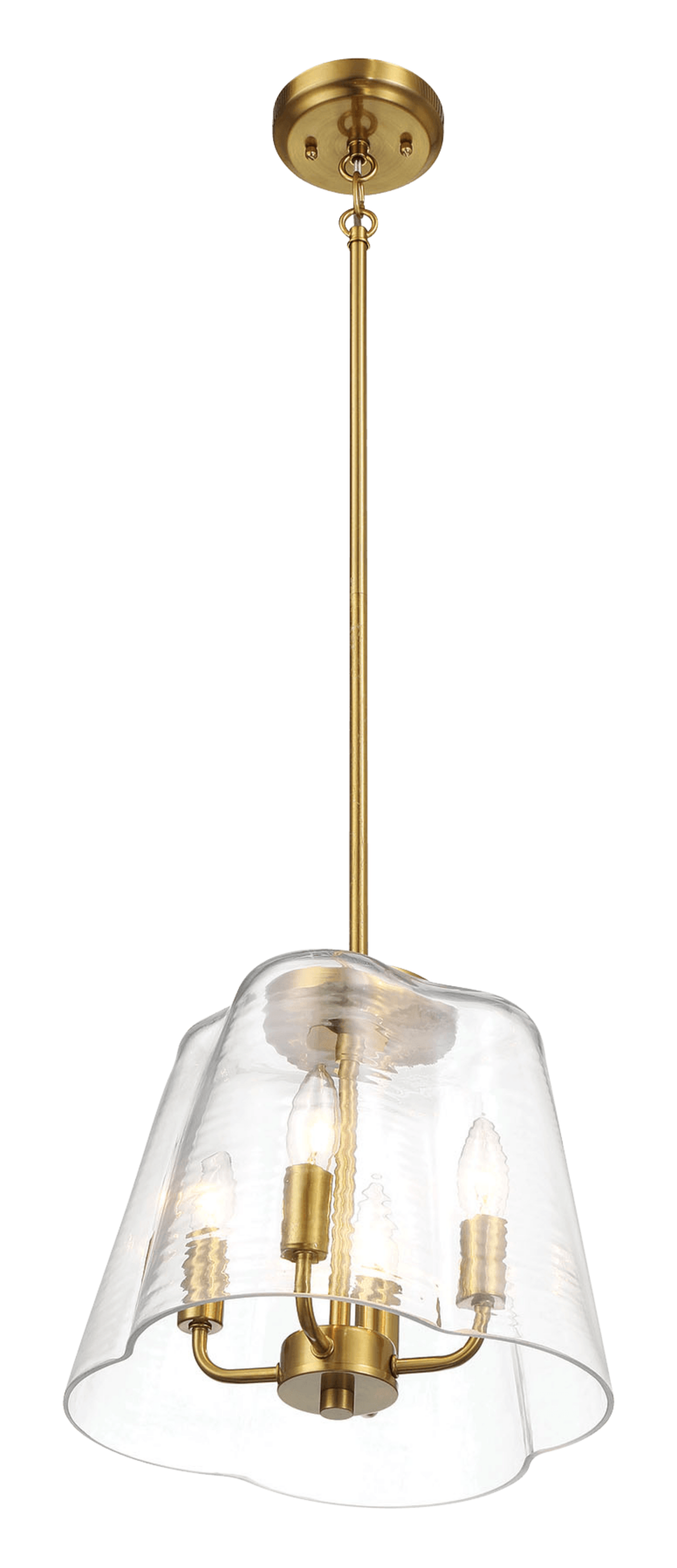 Antique brass chandelier with clear glass shade and candlestyle bulbs