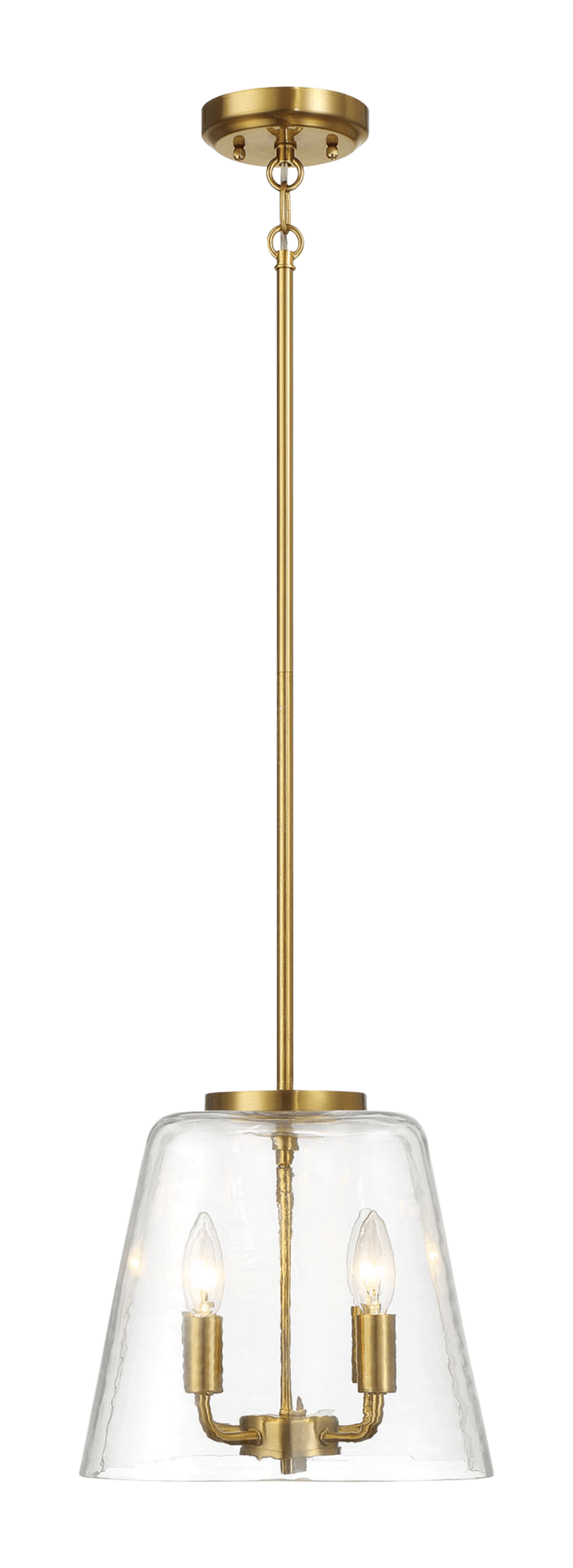 Brass pendant light with clear seeded glass shade and two candelabra bulbs