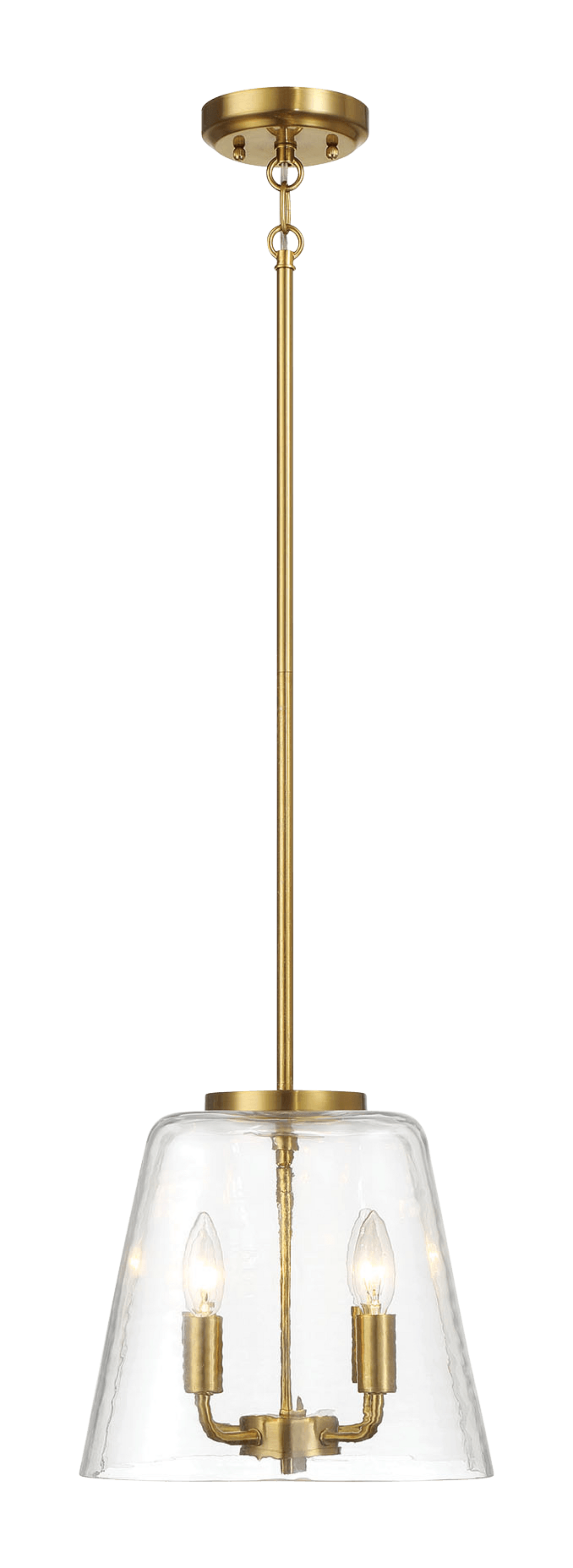 Brass pendant light with clear seeded glass shade and two candelabra bulbs