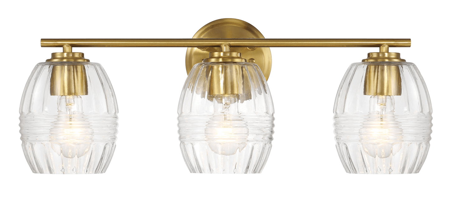 Elegant brass threelight vanity light with clear ribbed glass shades perfect for bathrooms