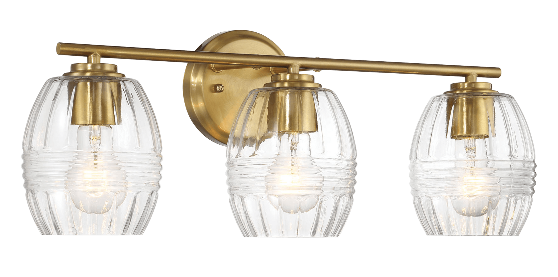 Brass vanity light with three ribbed glass shades