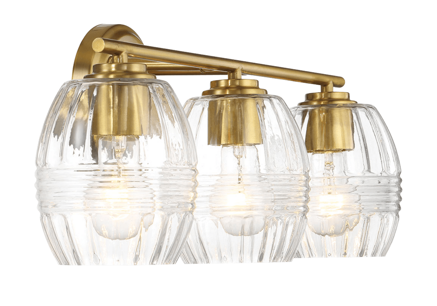 Threelight brass vanity light with clear ribbed glass shades modern farmhouse style