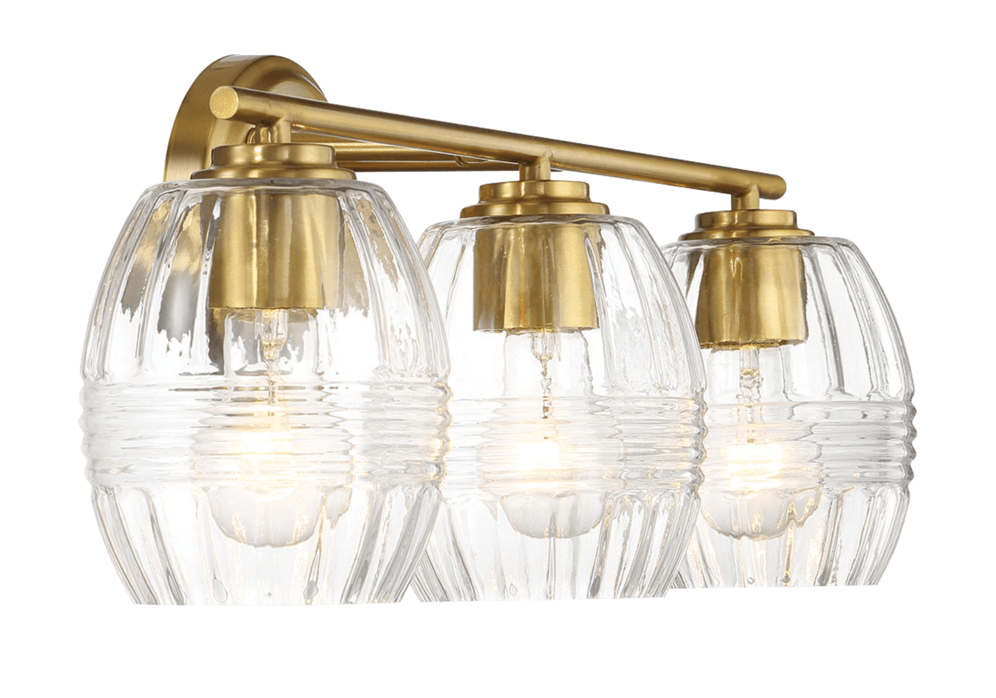 Threelight brass vanity light with clear ribbed glass shades modern farmhouse style