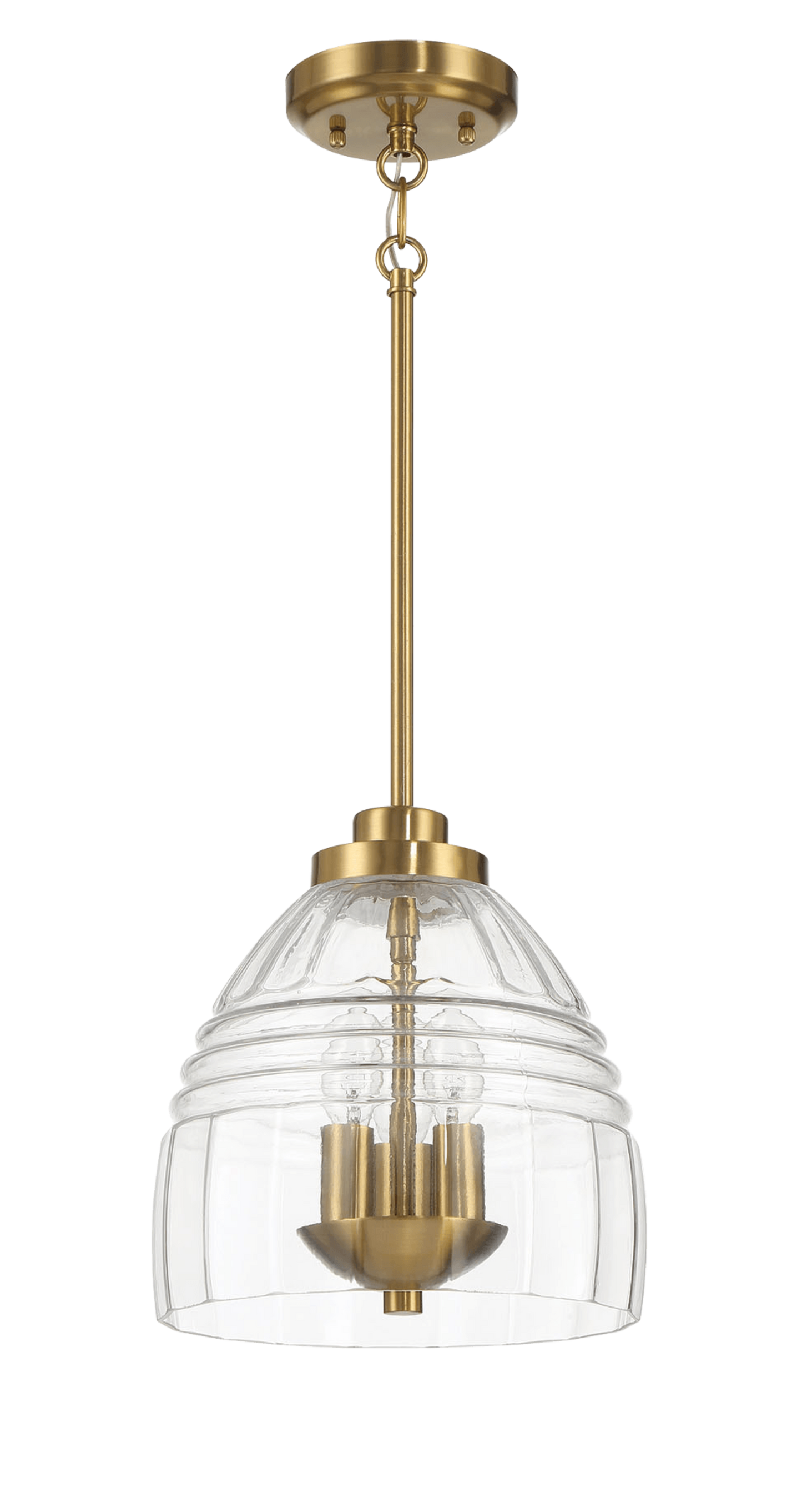 A modern brass pendant light with a clear ribbed glass shade and three exposed bulbs