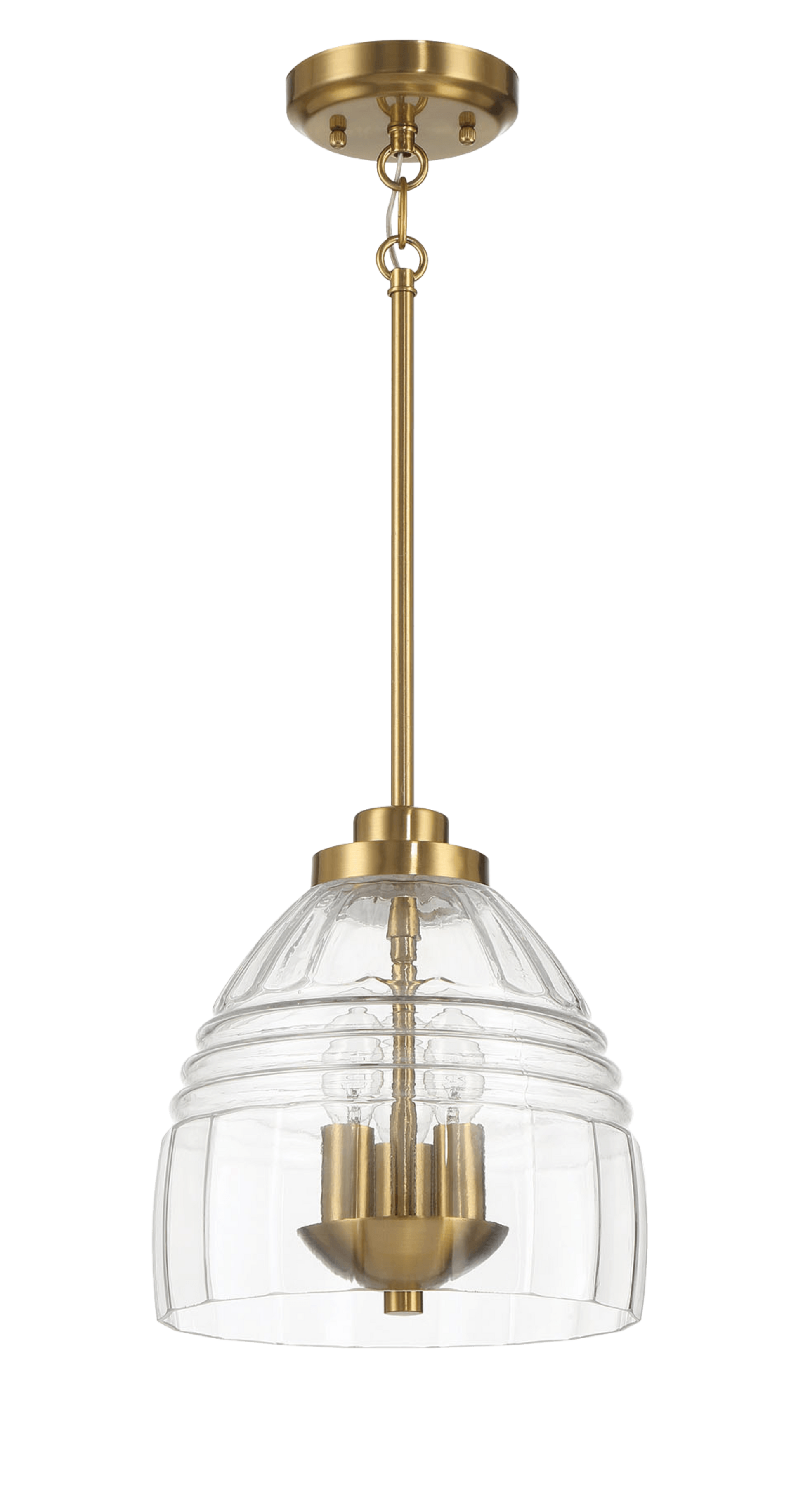 A modern brass pendant light with a clear ribbed glass shade and three exposed bulbs