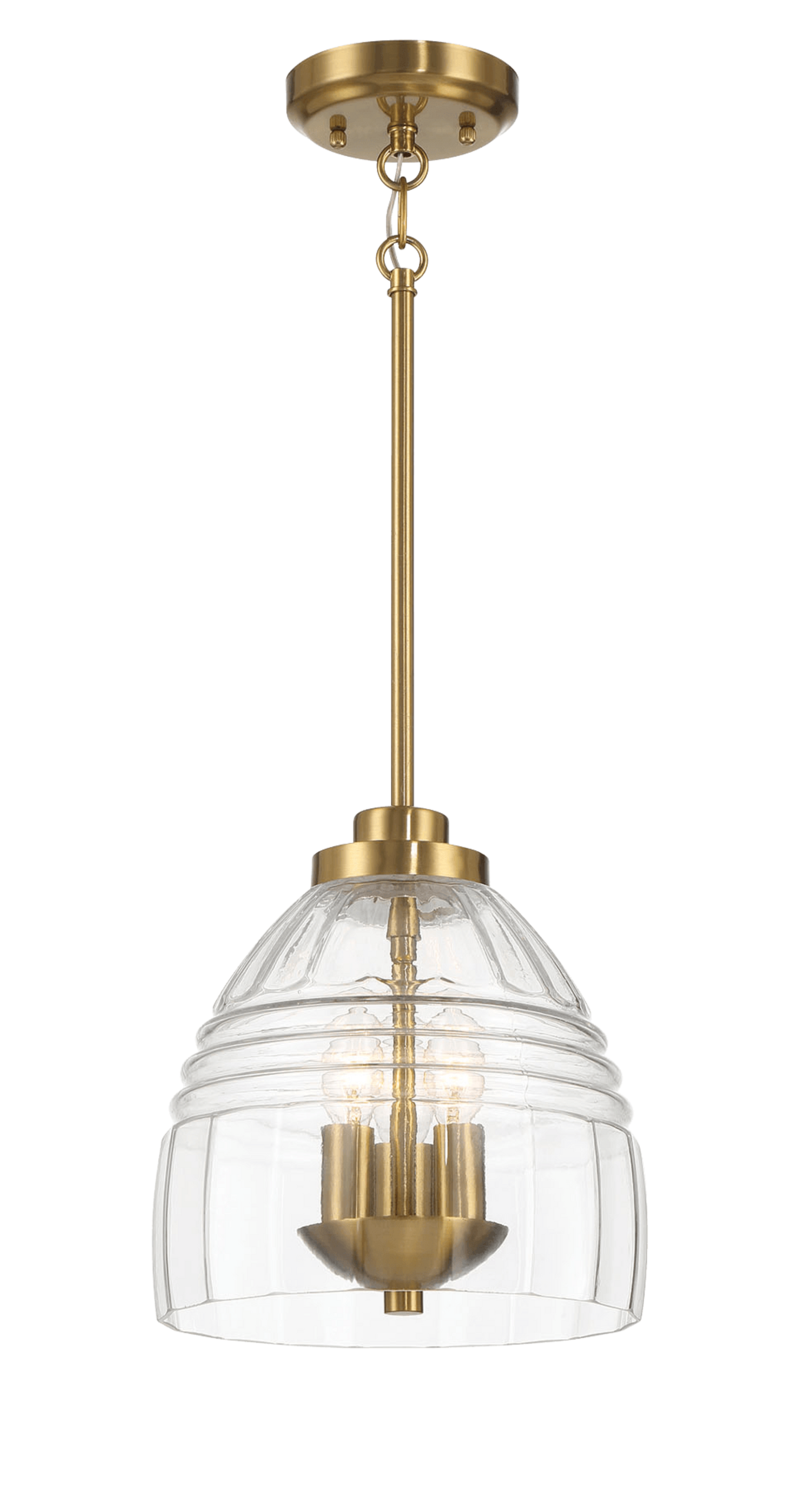 Brass pendant light with clear ribbed glass shade and visible bulbs