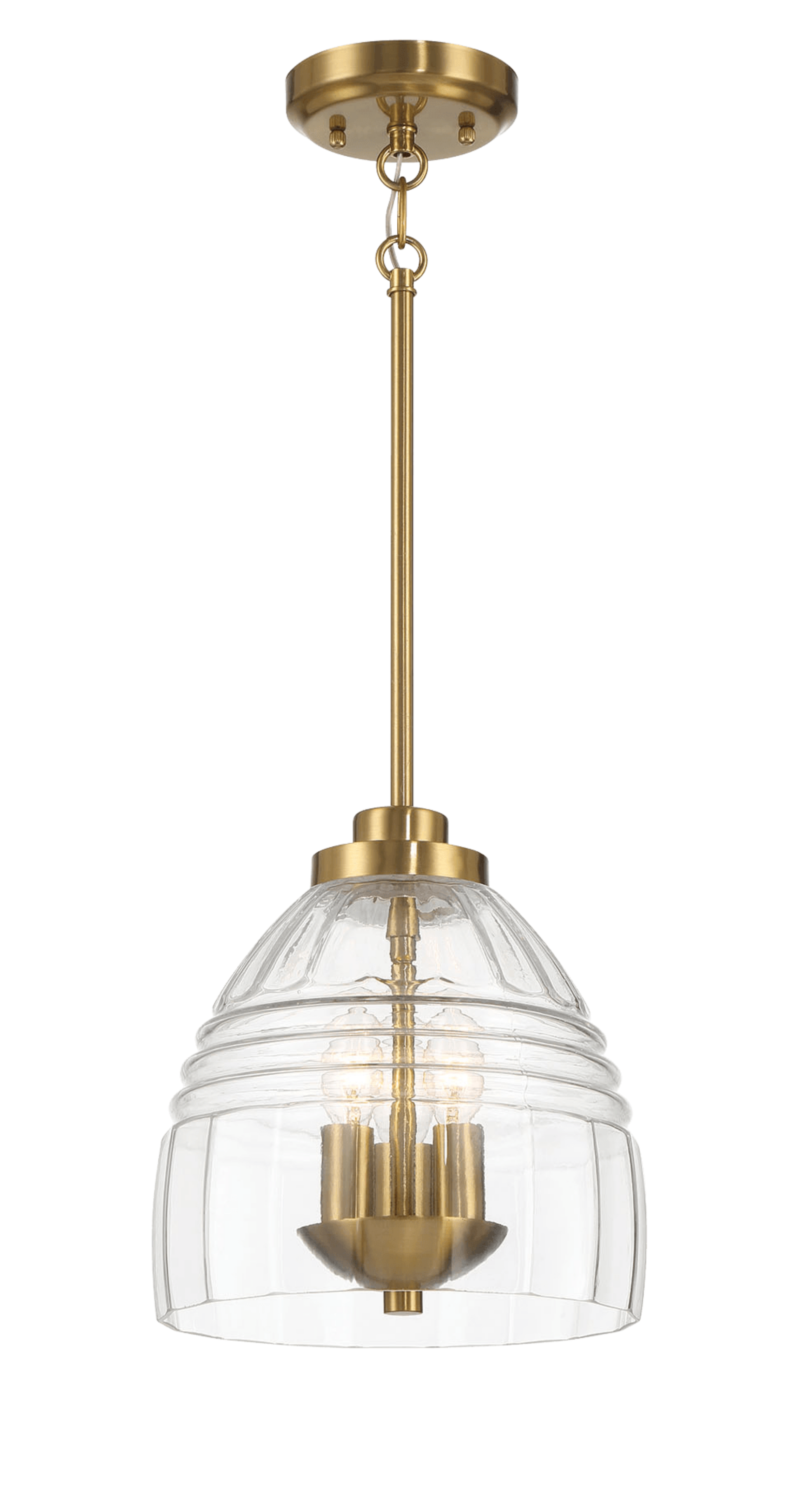 Brass pendant light with clear ribbed glass shade and visible bulbs