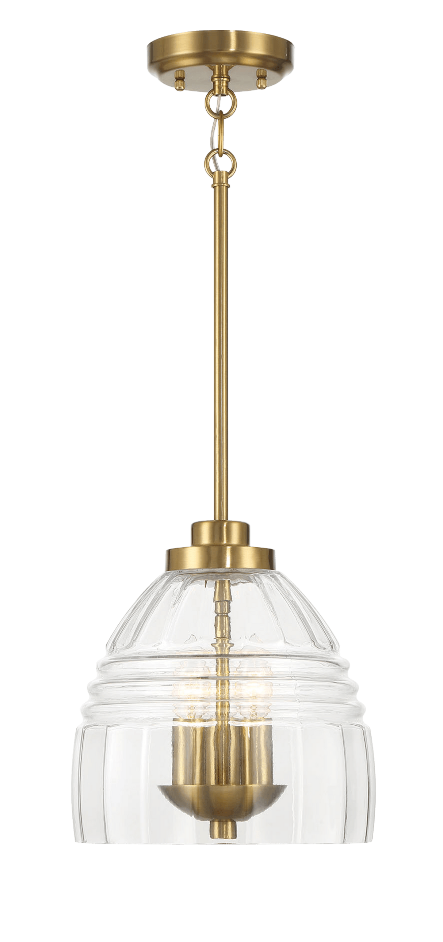 Brass and clear glass pendant light with fluted shade and visible bulbs