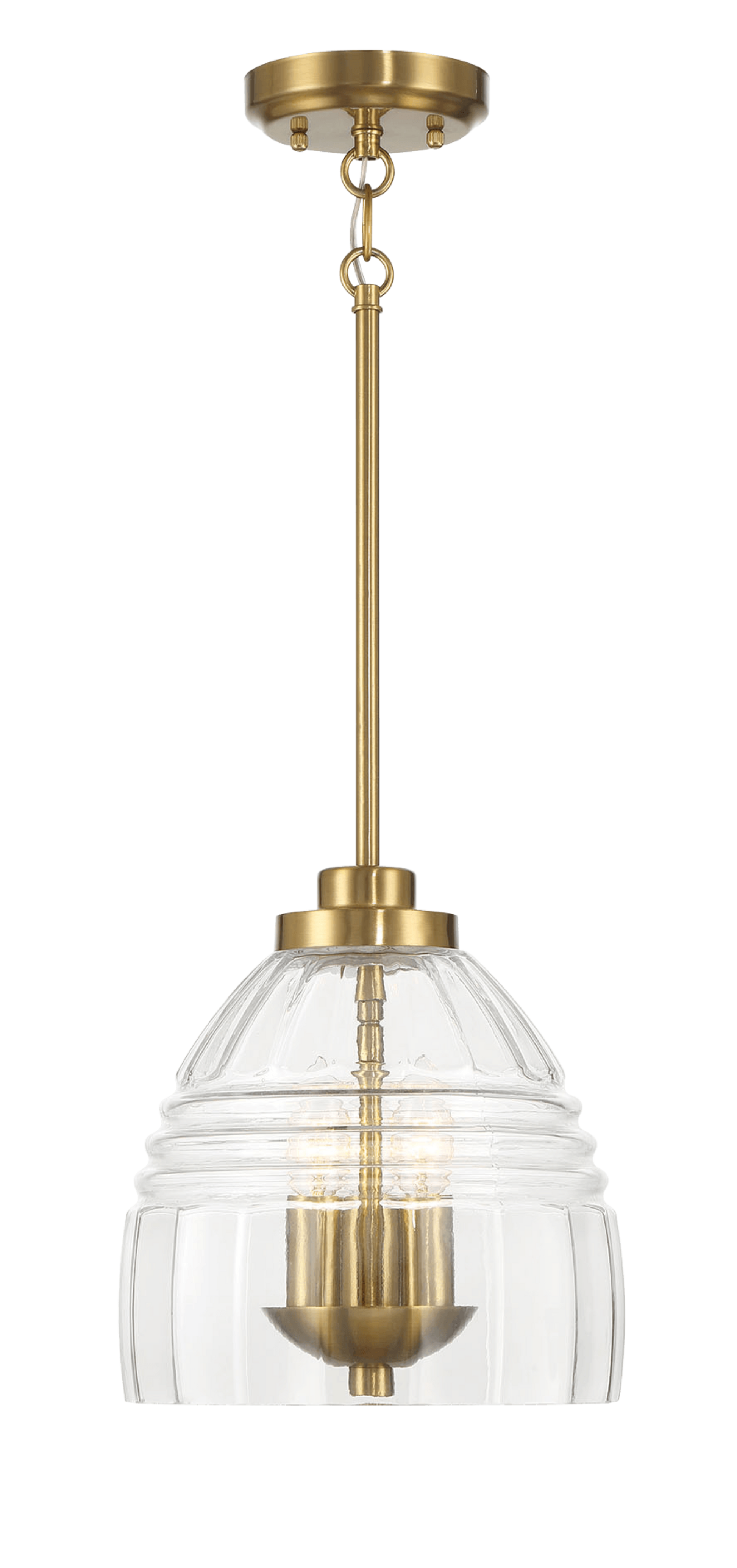 Brass and clear glass pendant light with fluted shade and visible bulbs