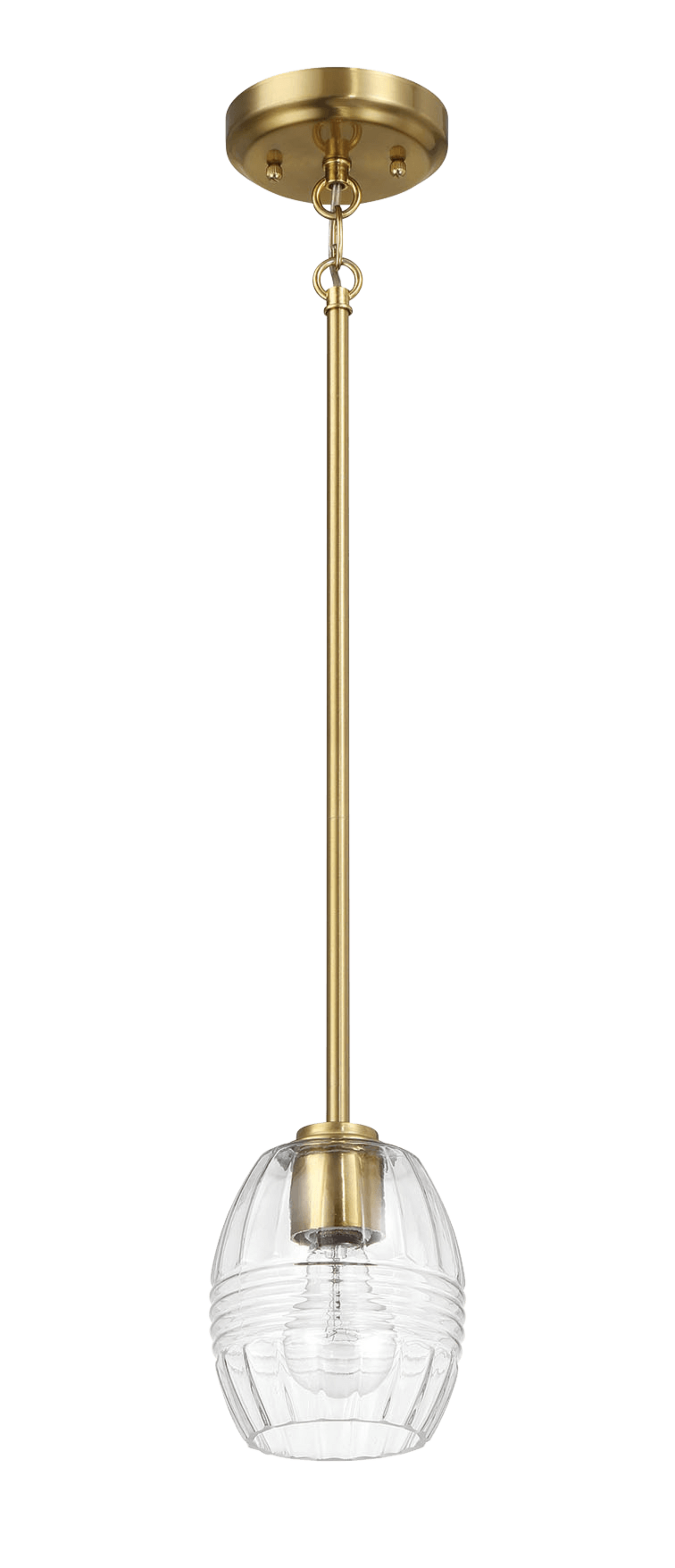 Brass pendant light with clear ribbed glass shade ideal for modern kitchens